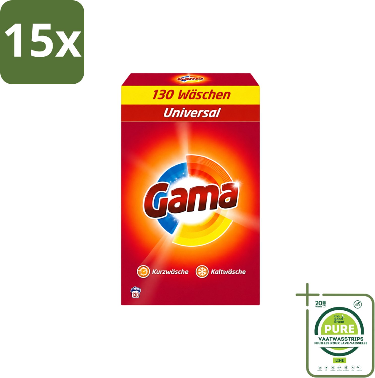 15 x Gama - 3-in-1 Waspoeder - Universal - Voor Alle Kleuren - 130 Wasbeurten - Grootverpakking - Vaatwasstrips - Waspoeder - Wasbeurten - Wasmachine - Kleurenbeschermer - Vlekkenverwijderer