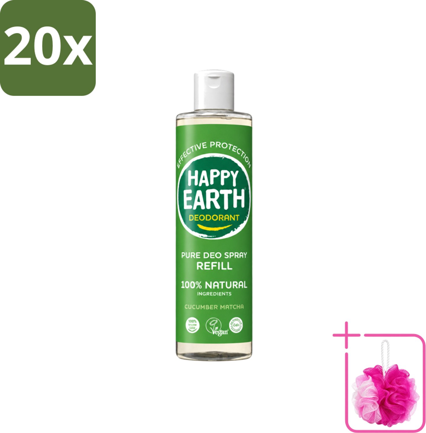 20 x Happy Earth – Deodorant Spray Navulling – 100% Natuurlijk Cucumber Matcha – 300 ml - Bulkverpakking - Deodorant - Douchemop - Frisheid