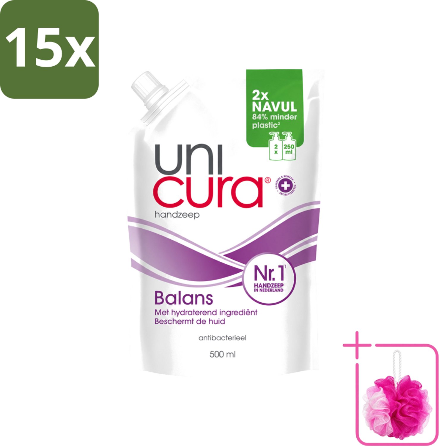 15 x Unicura – Vloeibare Handzeep Navulling – Balans – 500 ml - Bulkverpakking - Handzeep - Douchemop - Antibacterieel