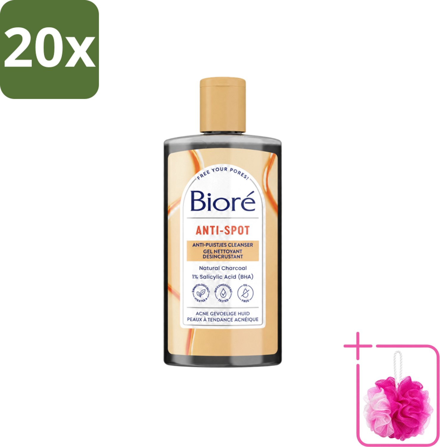 20 x Bioré – Houtskool Anti-Puistjes Reinigingsgel – Gezichtsreiniger – 200 ml - Bulkverpakking - Houtskool reinigingsgel - Douchemop - Puistjes voorkomen