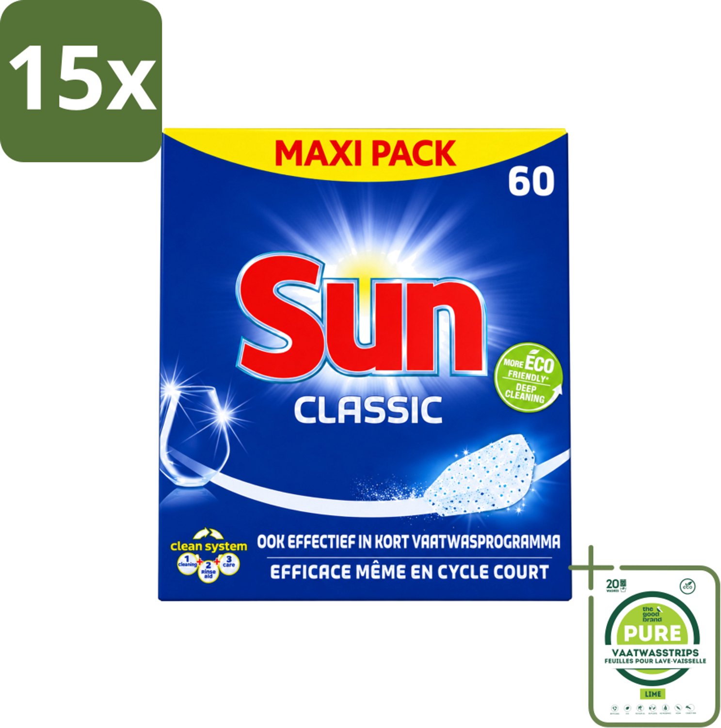 15 x Sun Classic - Vaatwastabletten - Eco - Voordeelverpakking - 60 Tabletten - Grootverpakking - Vaatwasstrips - Vaatwastabletten - Vaatwasser - Reiniging - Vaatwasmiddel - Eco-formule