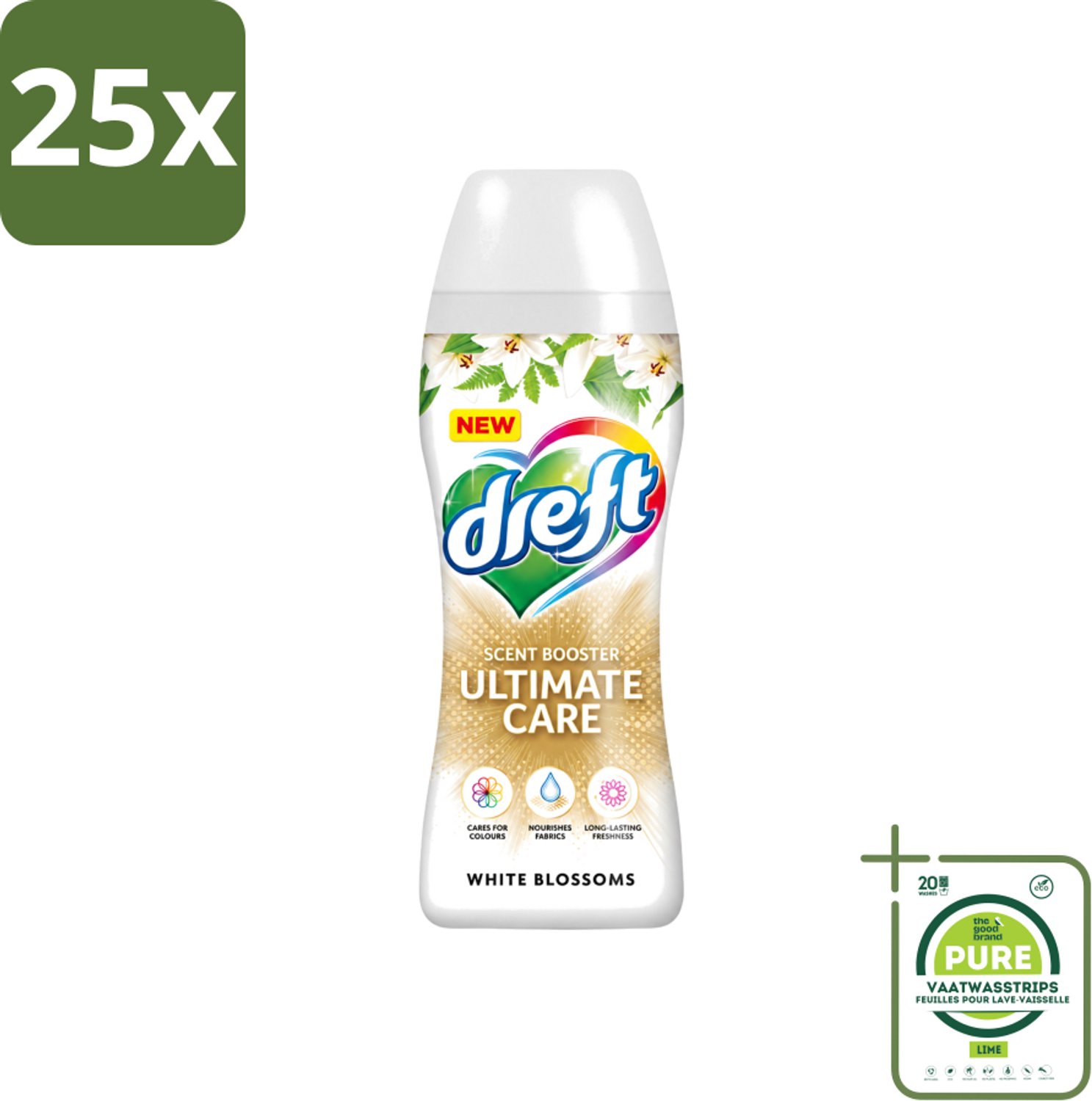 25 x Dreft - Ultimate Care - Wasverzachter - Geurbooster - Gekleurde Was - Witte Bloem - 15 Wasbeurten - Grootverpakking - Vaatwasstrips - Wasmiddel - Geurbooster - Kleurbescherming - Wasverzachter - Vezelverzorging