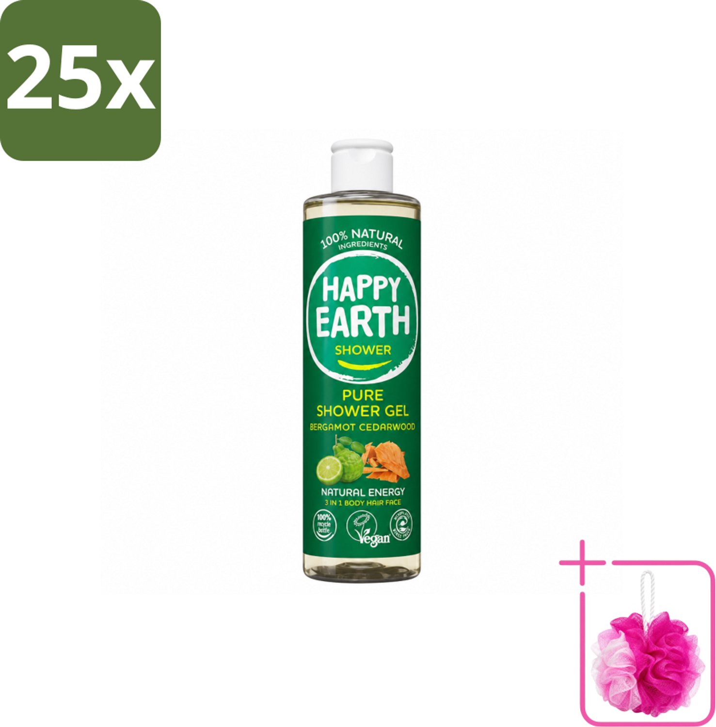 25 x Happy Earth – Douchegel – 100% Natuurlijk Bergamot Cedarwood – 300 ml - Bulkverpakking - Douchegel bergamot cederhout - Douchemop - Natuurlijke douchegel