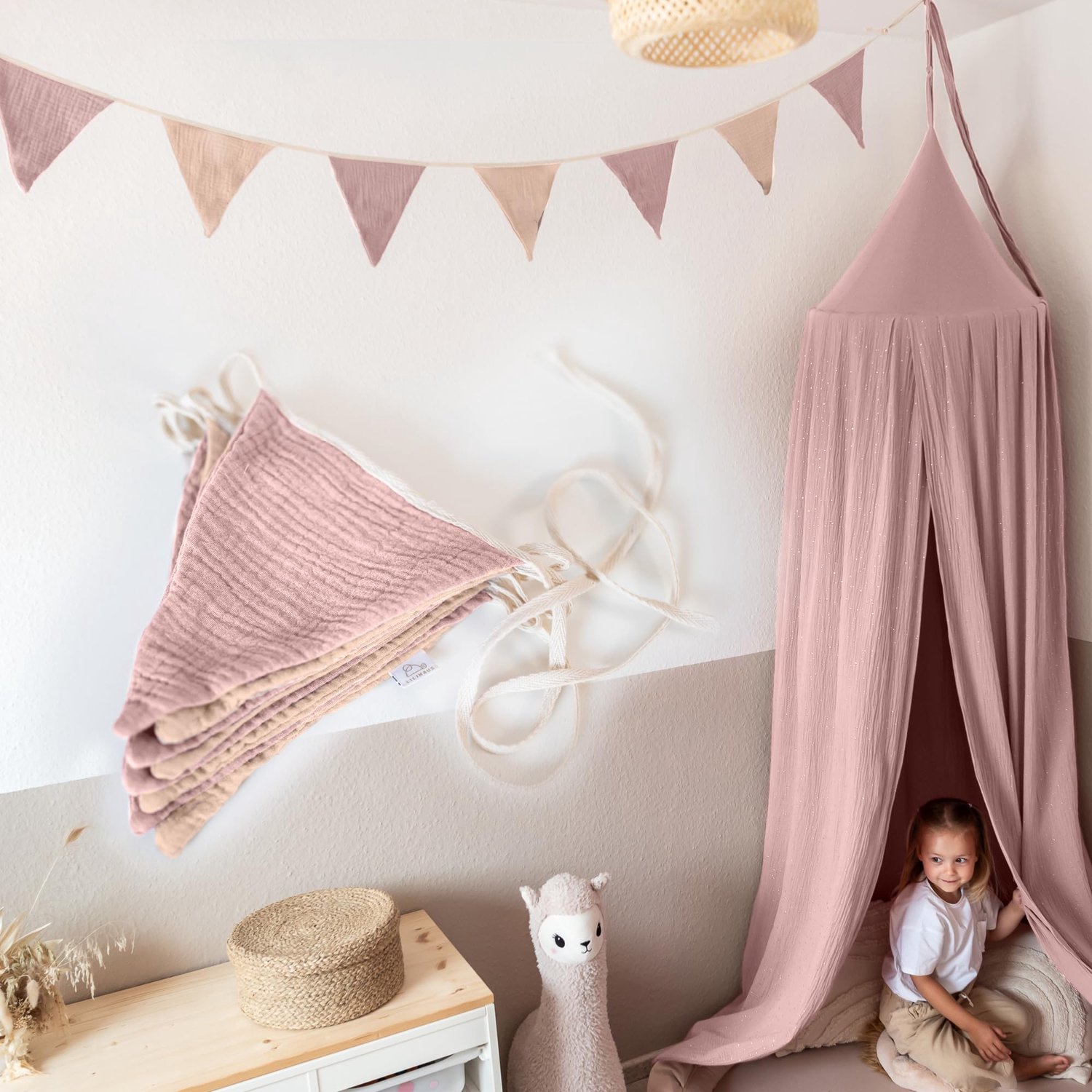 LILIMAUS Vlaggenlijn stof kinderkamer - stoffen slinger van mousseline katoen - 300 cm - poederroze en zachtroze