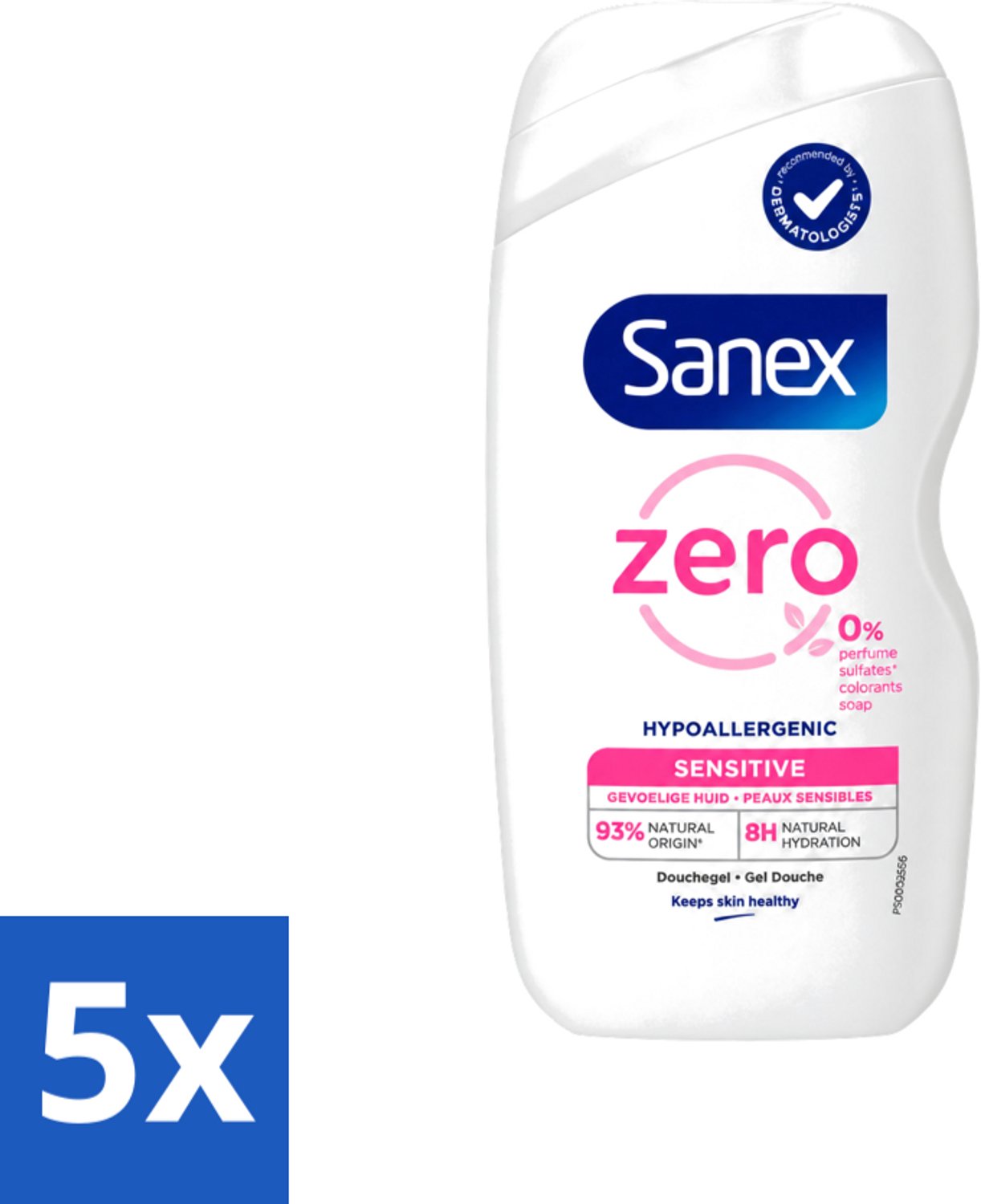 5 x Sanex Zero% - Douchegel - Gevoelige Huid - 0% Parfumsulfaten - Hypoallergeen - 400 ml - Voordeelverpakking - 5 stuks