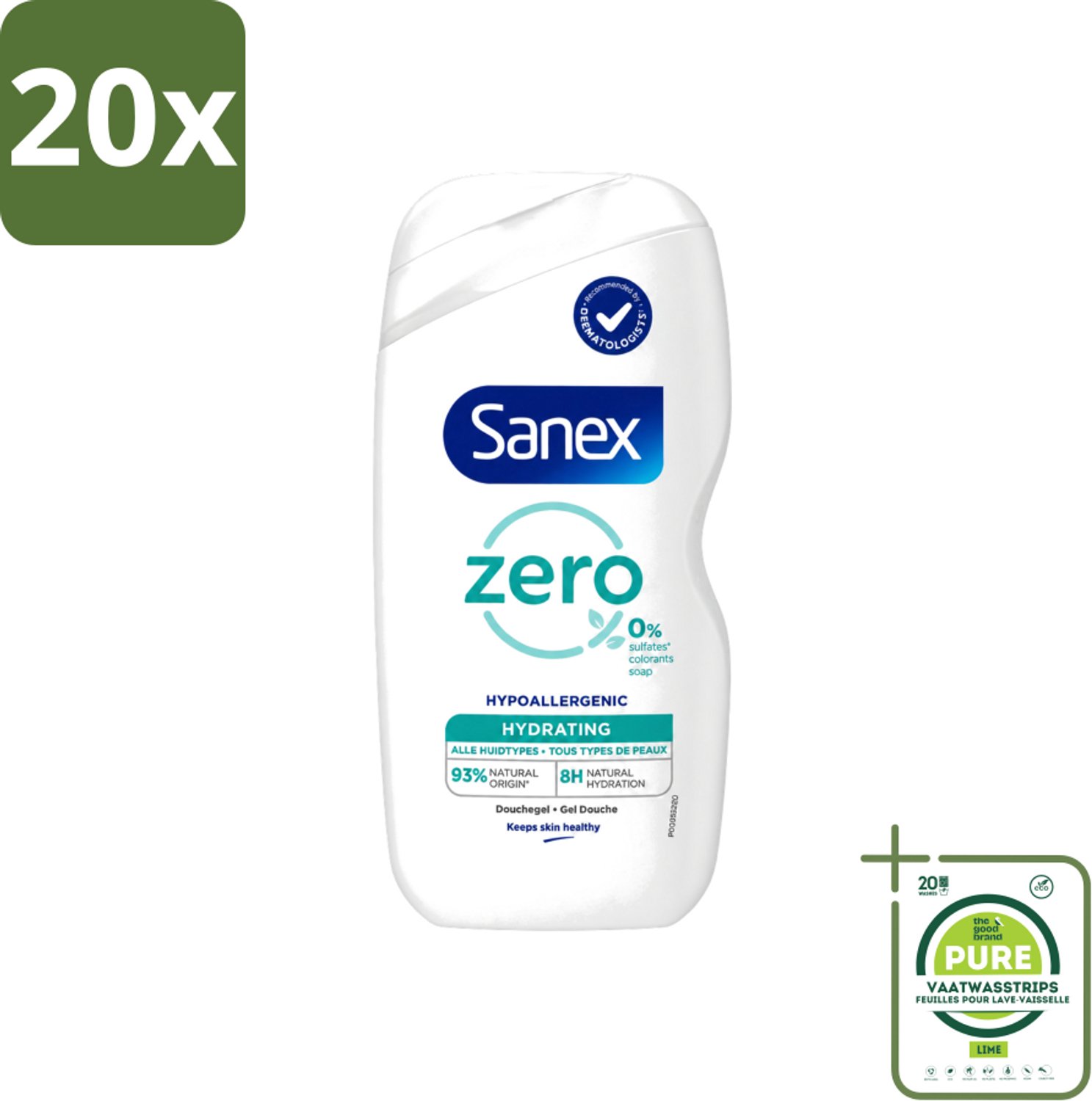 20 x Sanex Zero % - Douchegel - Hydrateert - Alle Huidtypes - 400 ml - Grootverpakking - Vaatwasstrips - Douchegel - Huidverzorging - Hydraatende Douchegel - 0% Sulfaten - 0% Kleurstoffen