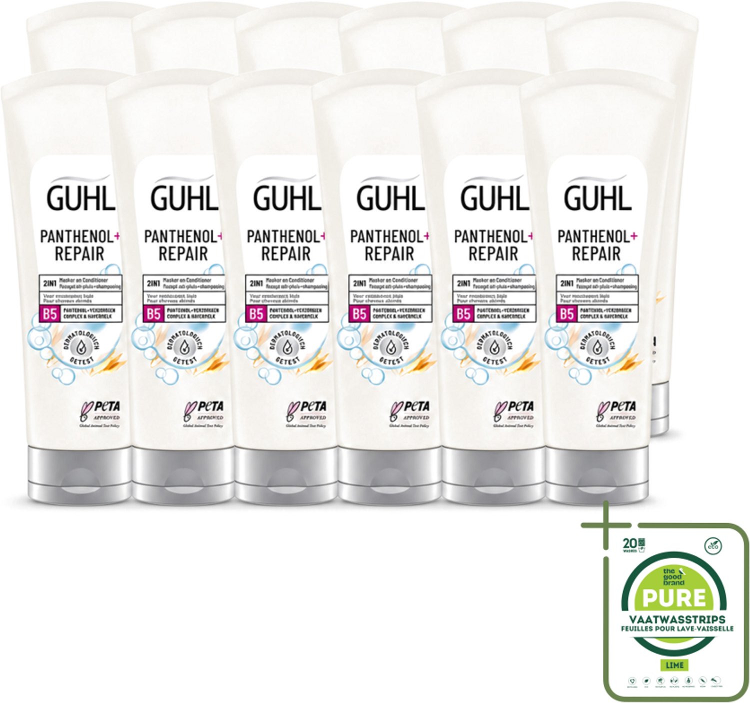 12 x Guhl – 2-in-1 Masker & Conditioner – Panthenol+Repair – 200 ml - Grootverpakking - Vaatwasstrips - Haarmasker - Conditioner - Panthenol - Haarverzorging - Haarherstel