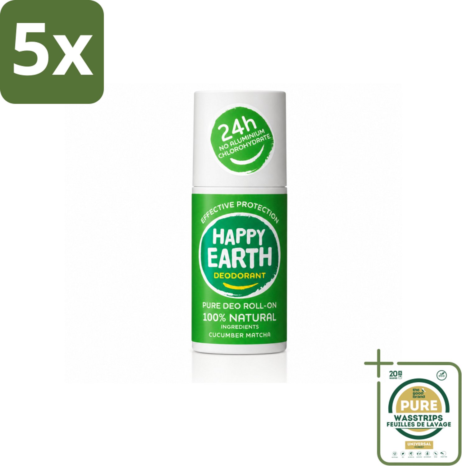 5 x Happy Earth – Deodorant Roll-On – 100% Natuurlijk Cucumber Matcha – 75 ml - Wasstrips - Natuurlijke Deodorant - Cucumber Matcha - Geur - Roll-on Deodorant - Gevoelige Huid