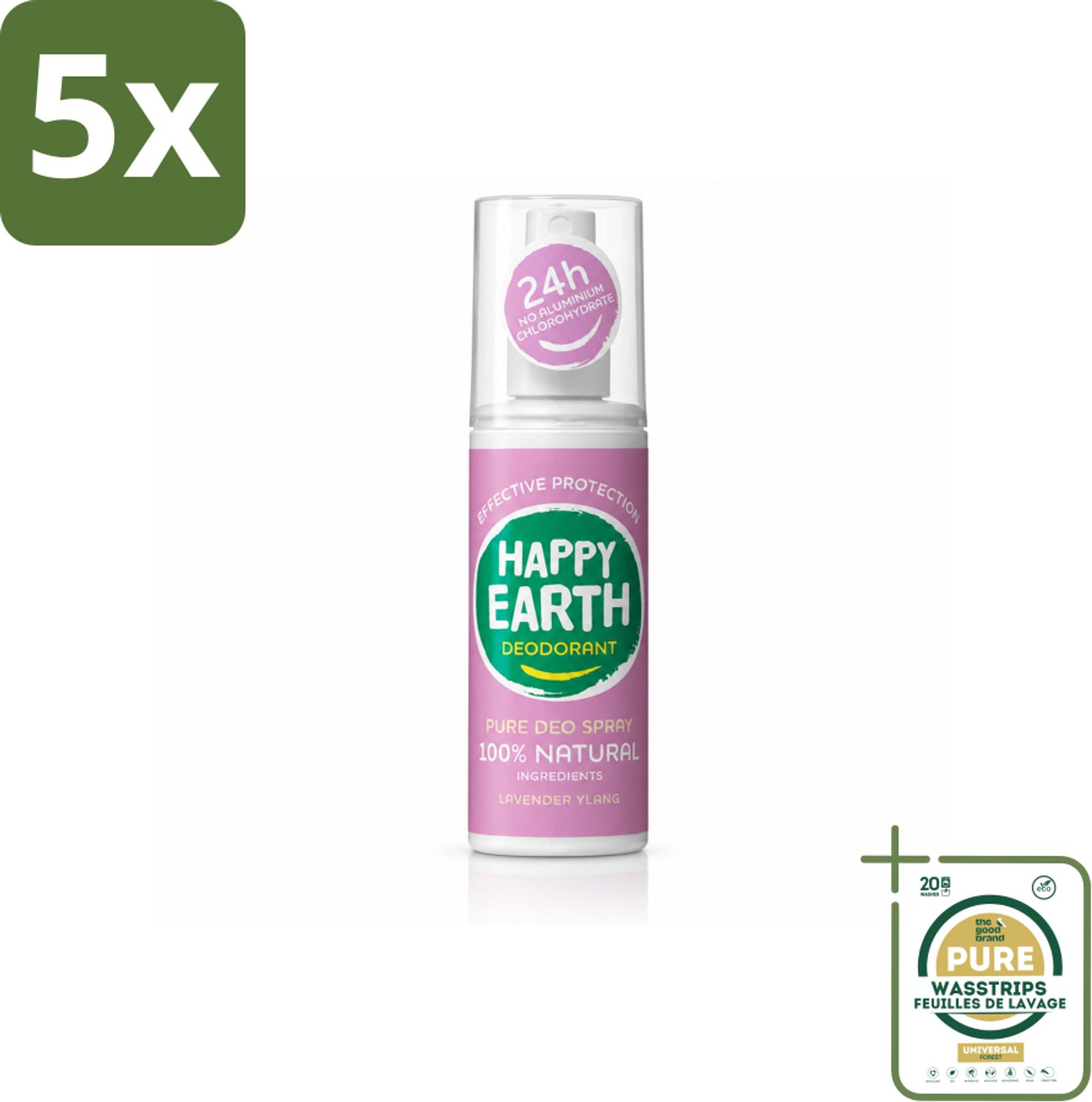 5 x Happy Earth – Deodorant Spray – 100% Natuurlijk Lavender Ylang – 100 ml - Wasstrips - Deodorant Spray - Natuurlijke Deodorant - Lavendel Geur - Ylang-ylang Geur - Huidvriendelijk