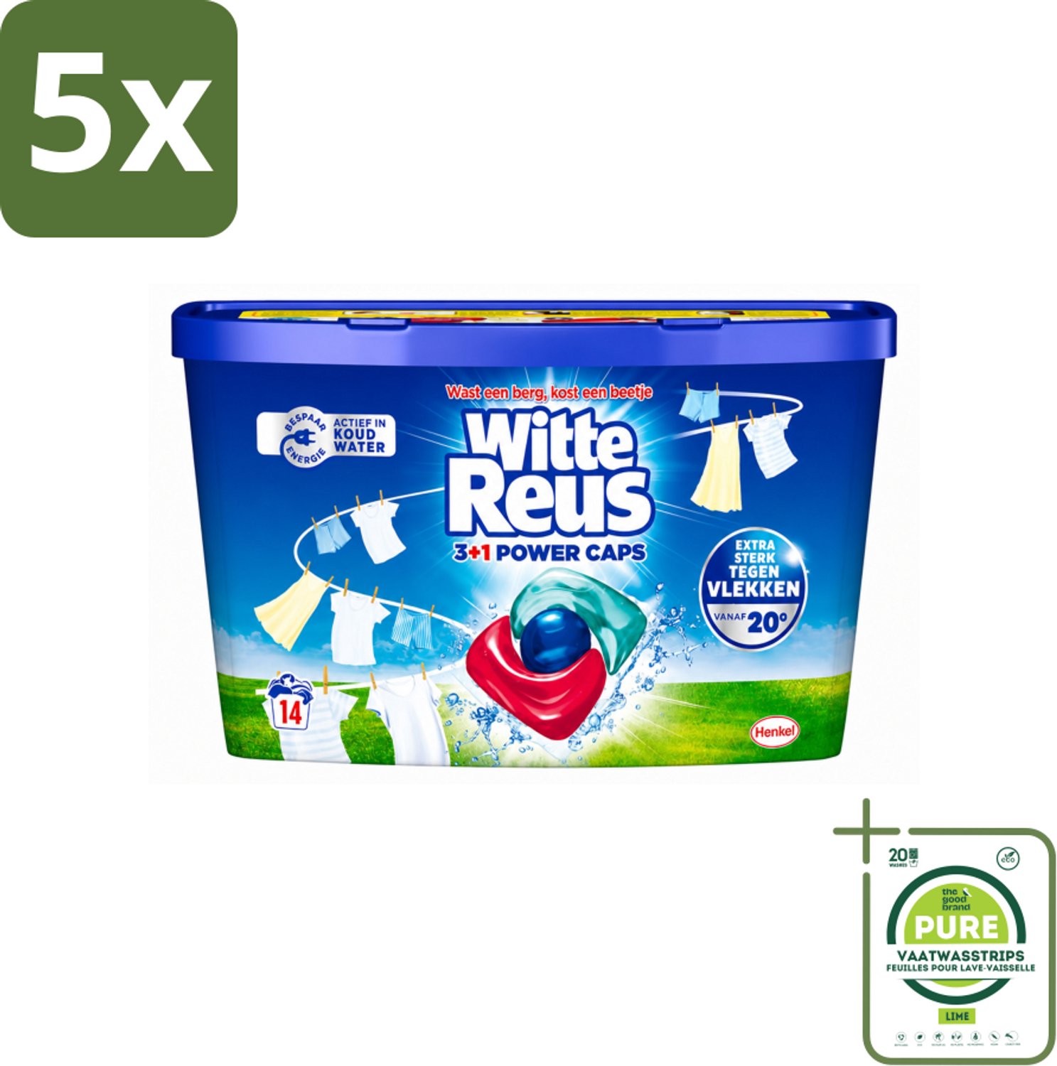 5 x Witte Reus - Wasmiddel - Power Caps 3+1 - 14 Capsules - Grootverpakking - Vaatwasstrips - Wasmiddel - Wascapsule - Reiniging - Witte Wasmiddel - Krachtige Wasmiddel