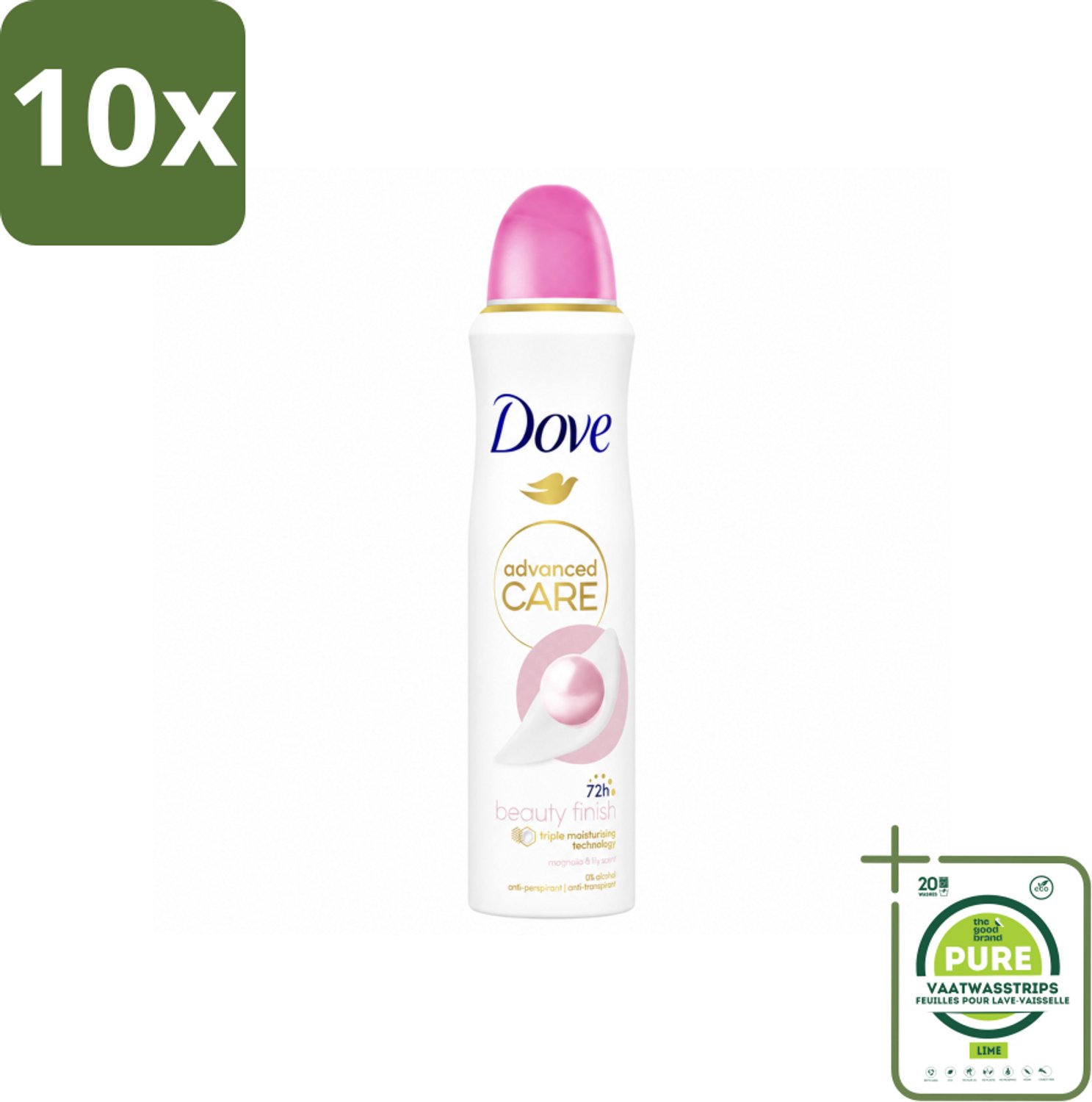 10 x Dove – Deodorant Spray – Beauty Finish – 150 ml - Grootverpakking - Vaatwasstrips - Anti-transpirant Spray - Huidverzorging - Stralende Huid - Geur Magnolia - Geur Lelie