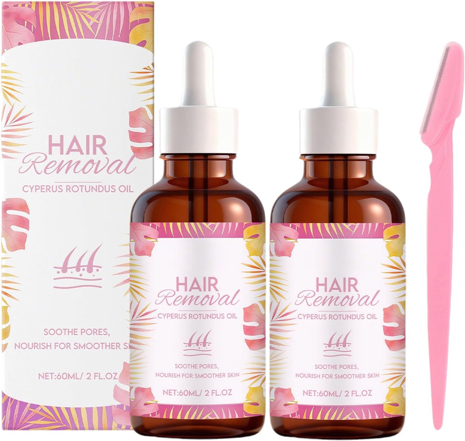 2 flessen Cyperus Rotundus Oil, 60 ml Cyperus Rotundus-huidserum, Rotundus-olie, remt de groei van het lichaam, hydrateert en kalmeert de huid, inclusief 1 scheerapparaat