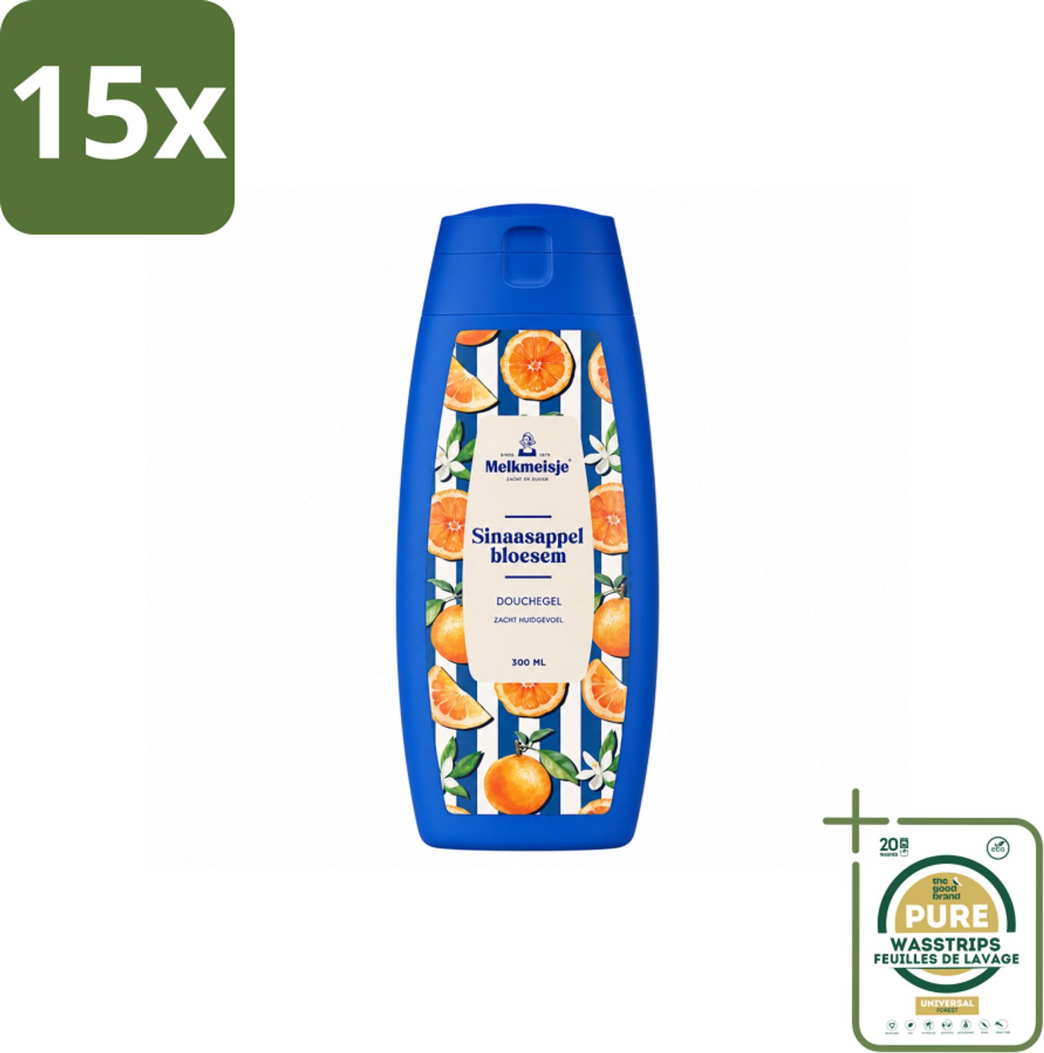 15 x Melkmeisje – Douchegel – Sinaasappelbloesem – 300 ml - Wasstrips - Douchegel Sinaasappel - Douchegel Sinaasappelbloesem - Fris Huidgevoel - Zachte Douchegel - PH-huidneutraal