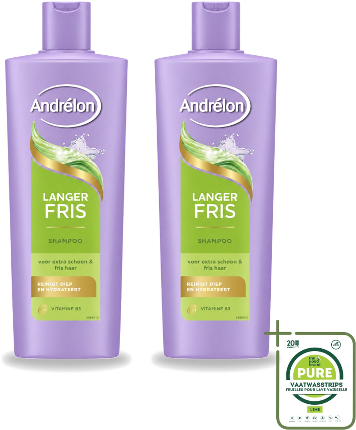 2 x Andrélon – Shampoo – Langer Fris – 400 ml - Grootverpakking - Vaatwasstrips - Luchtig Haar - Fris Haar - Vet Haar - Diepe Reiniging - Vitamine B3