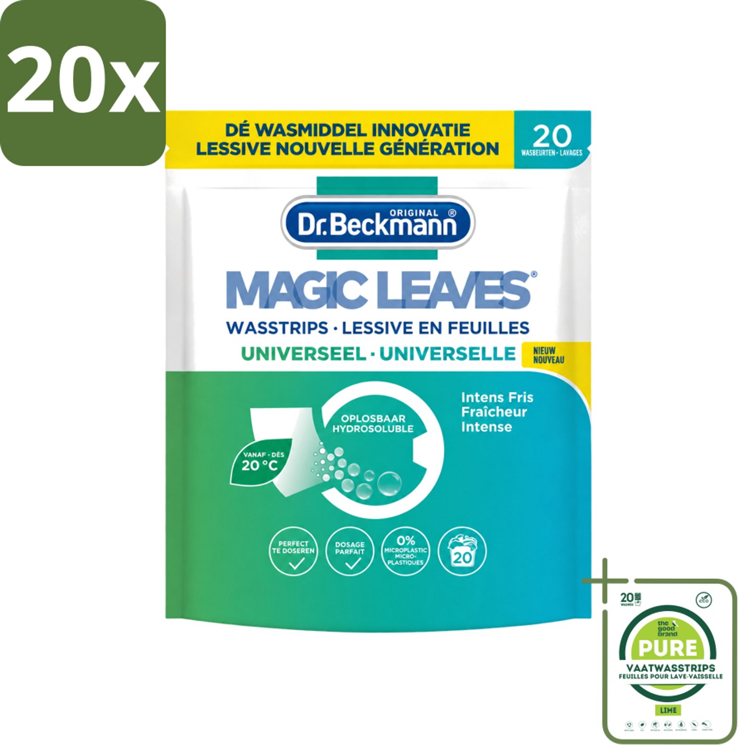 20 x Dr. Beckmann - Magic Leaves Universeel - Wasstrips - Witte en Gekleurde Was - 20 Wasbeurten - Grootverpakking - Vaatwasstrips - Wasstrips - Wasstrips Wit - Wasstrips Gekleurd - Wasstrips 20 Beurten - Wasstrips Milieuvriendelijk