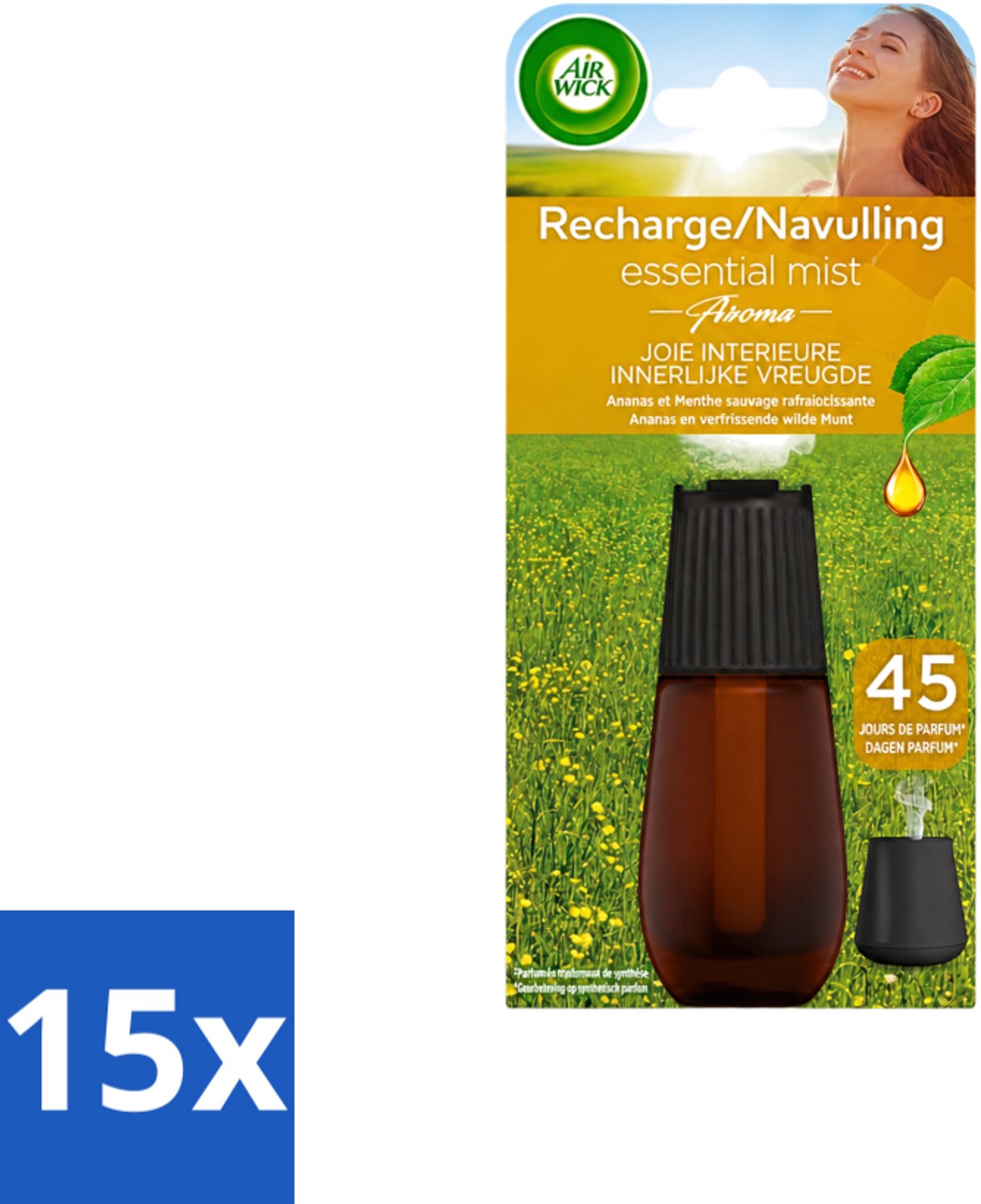 15 x Air Wick Essential Mist - Navulling - Happiness - Ananas & Wilde Munt - 20ml - Voordeelverpakking - 15 stuks