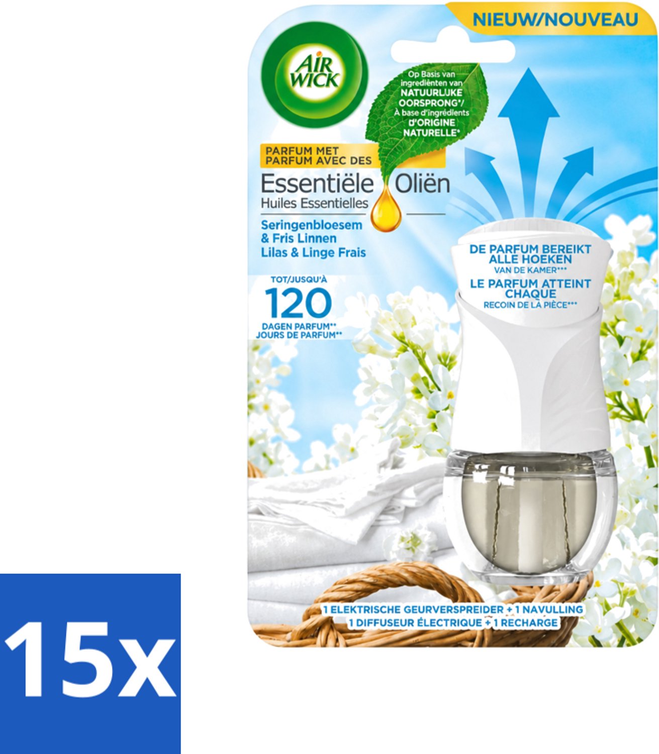 15 x Air Wick Essential Oils - Elektrische Geurverspreider Starterkit - Sering & Fris Linnen - 19ml - Voordeelverpakking - 15 stuks
