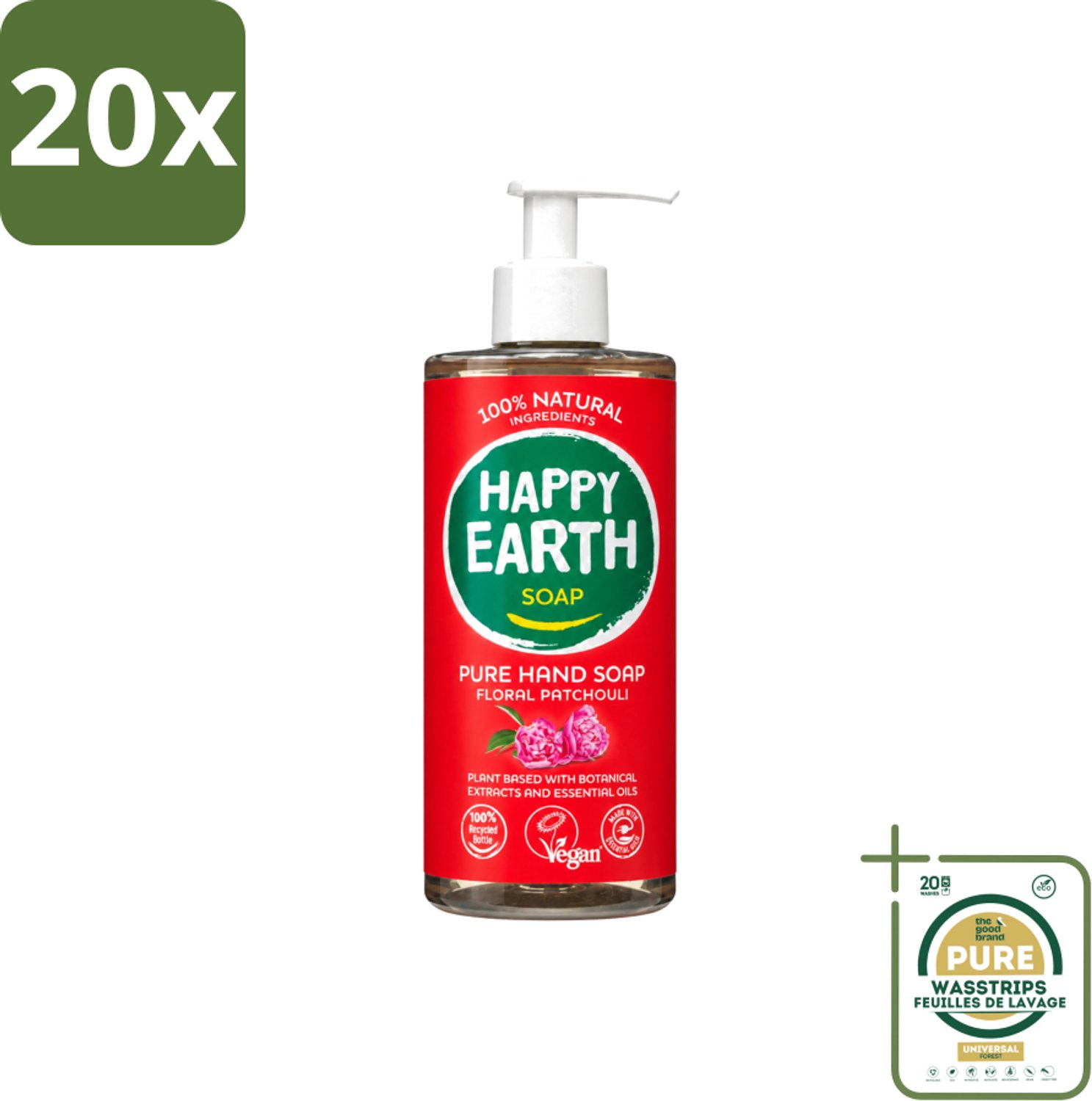 20 x Happy Earth – Handzeep – 100% Natuurlijk Floral Patchouli – 300 ml - Wasstrips - Handzeep - Natuurlijke Handzeep - Vegan Handzeep - Antibacterieel Handzeep - Patchouli Handzeep