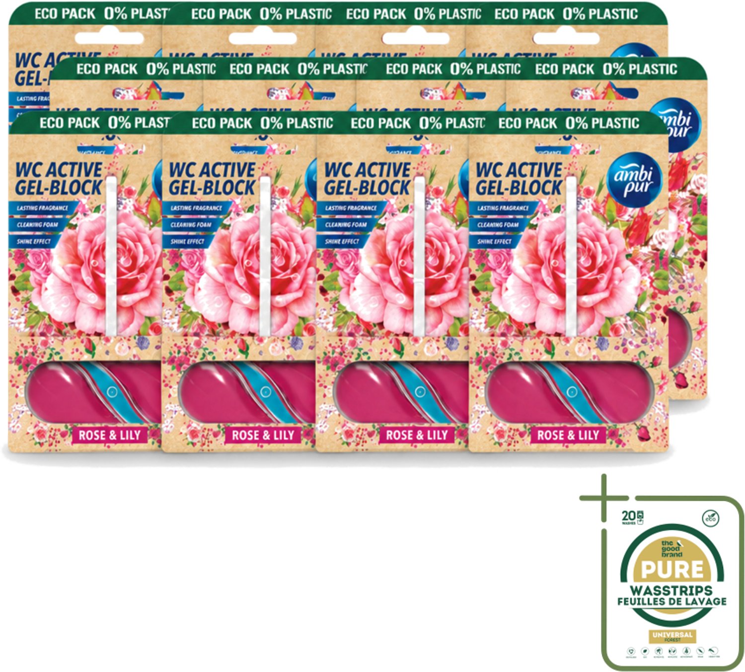 12 x Ambi Pur – Toiletblok – Roos & Lelie – 45 g - Wasstrips - Toiletblok Roos En Lelie - Frisse Geur Toilet - Reinigingsblok Toilet - Kalkaanslag Voorkomen - Schuimend Toilet