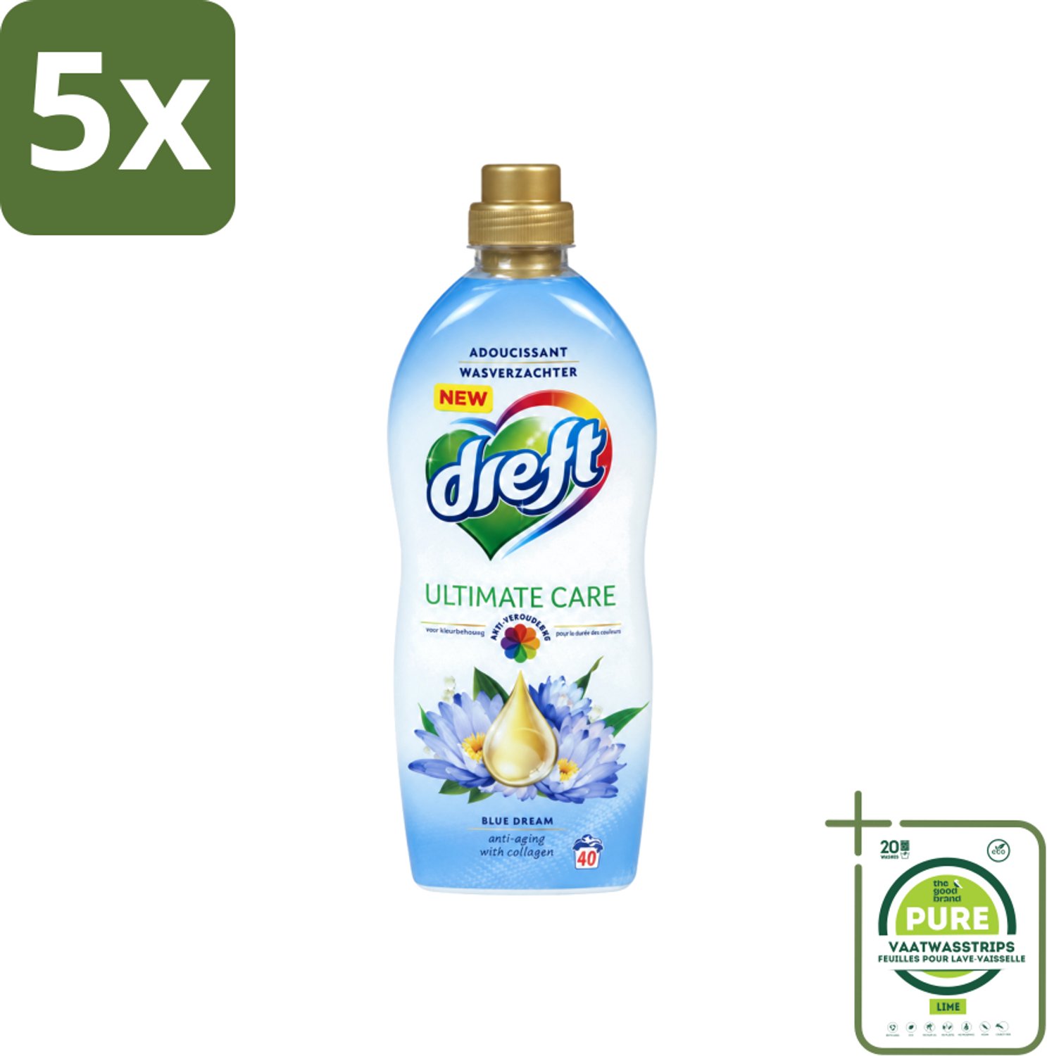 5 x Dreft - Wasverzachter - Gekleurde Was - Blauwe Droom - Anti-Veroudering - 40 Wasbeurten - Grootverpakking - Vaatwasstrips - Wasverzachter - Anti-aging - Kleurbescherming - Wasgoed - Kleding Verzorging
