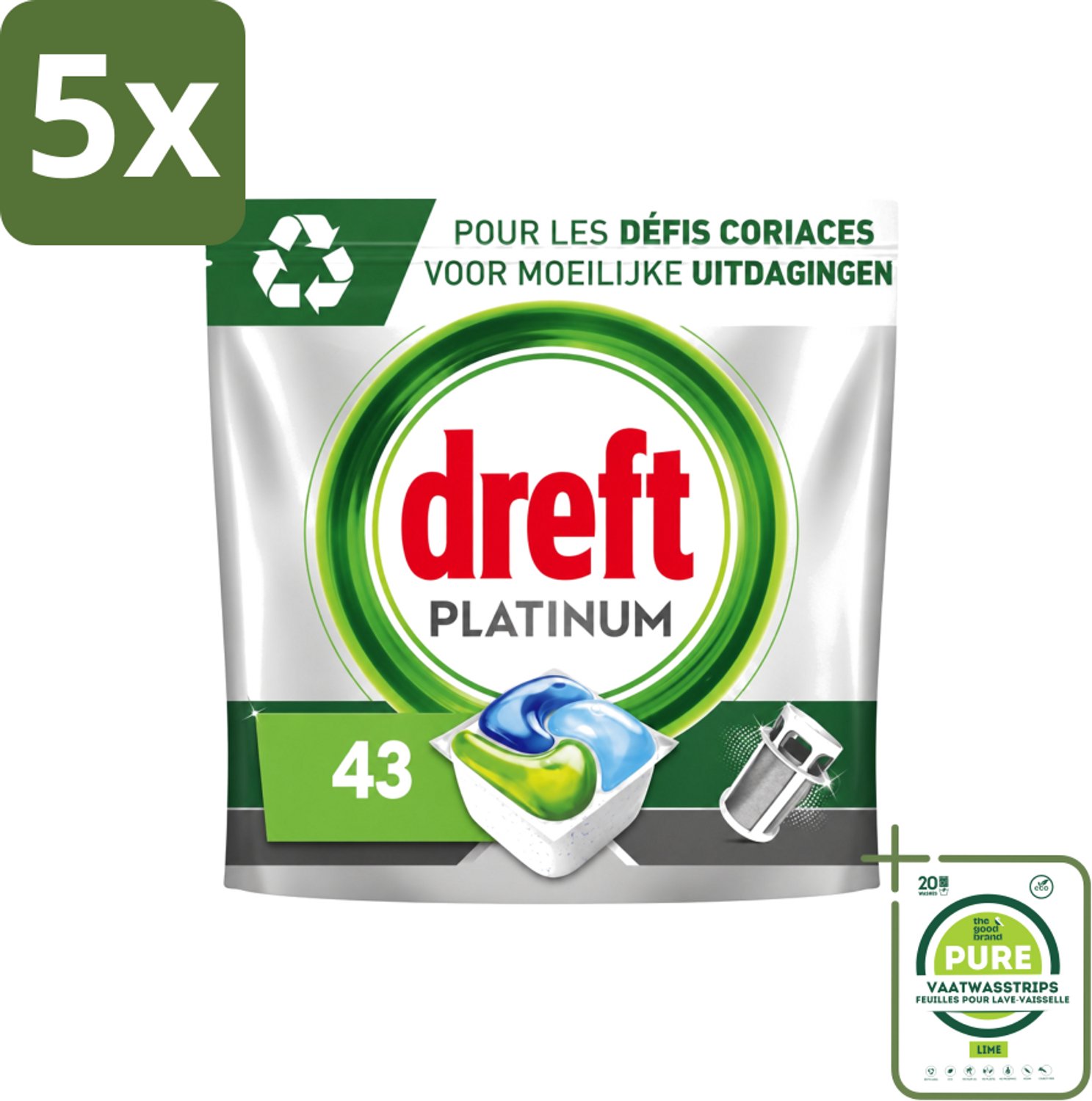 5 x Dreft Platinum - All In One - Vaatwascapsules - 43 Afwasbeurten - Grootverpakking - Vaatwasstrips - Vaatwasmiddel - Vaatwascapsules - Vaatwasser Reinigen - Vaatwasmiddel Capsule - Vaatwasmiddel 43 Wasbeurten