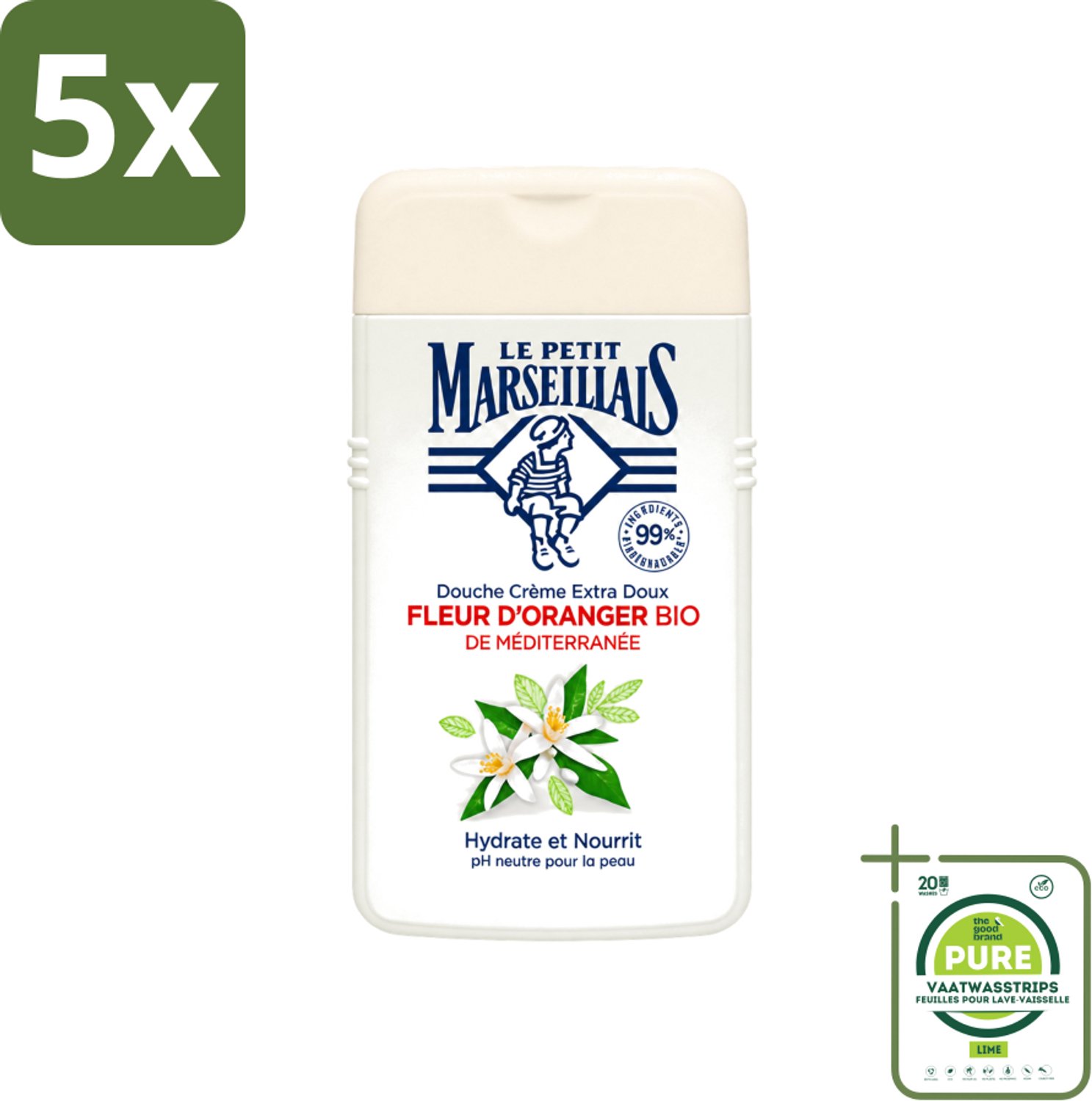 5 x Le Petit Marseillais - Douchecrème - Oranjebloesem - Hydraterend - 250ml - Grootverpakking - Vaatwasstrips - Douchecrème - Hydraterende Douchecrème - Oranjebloesem - Huidverzorging - Milieuvriendelijke Douchecrème