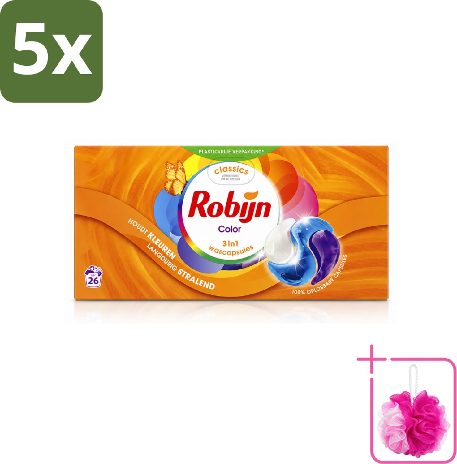 5 x Robijn – 3-in-1 Wascapsules – Color - 26 Capsules - Bulkverpakking - Kleurverzorging - Douchemop - Wascapsules