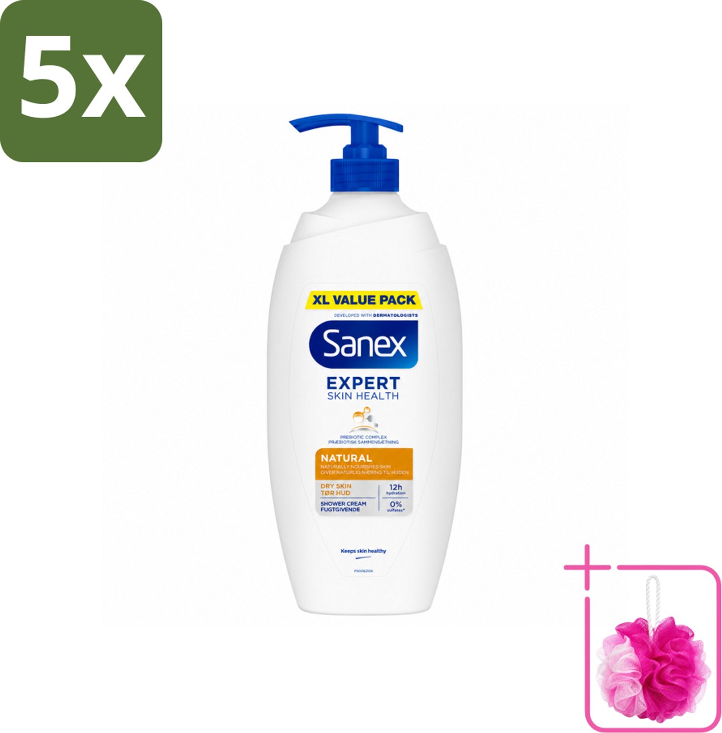5 x Sanex – Douchecrème – Expert Skin Health Naturals – 750 ml - Bulkverpakking - Gevoelige huid - Douchemop - Huidverzorging