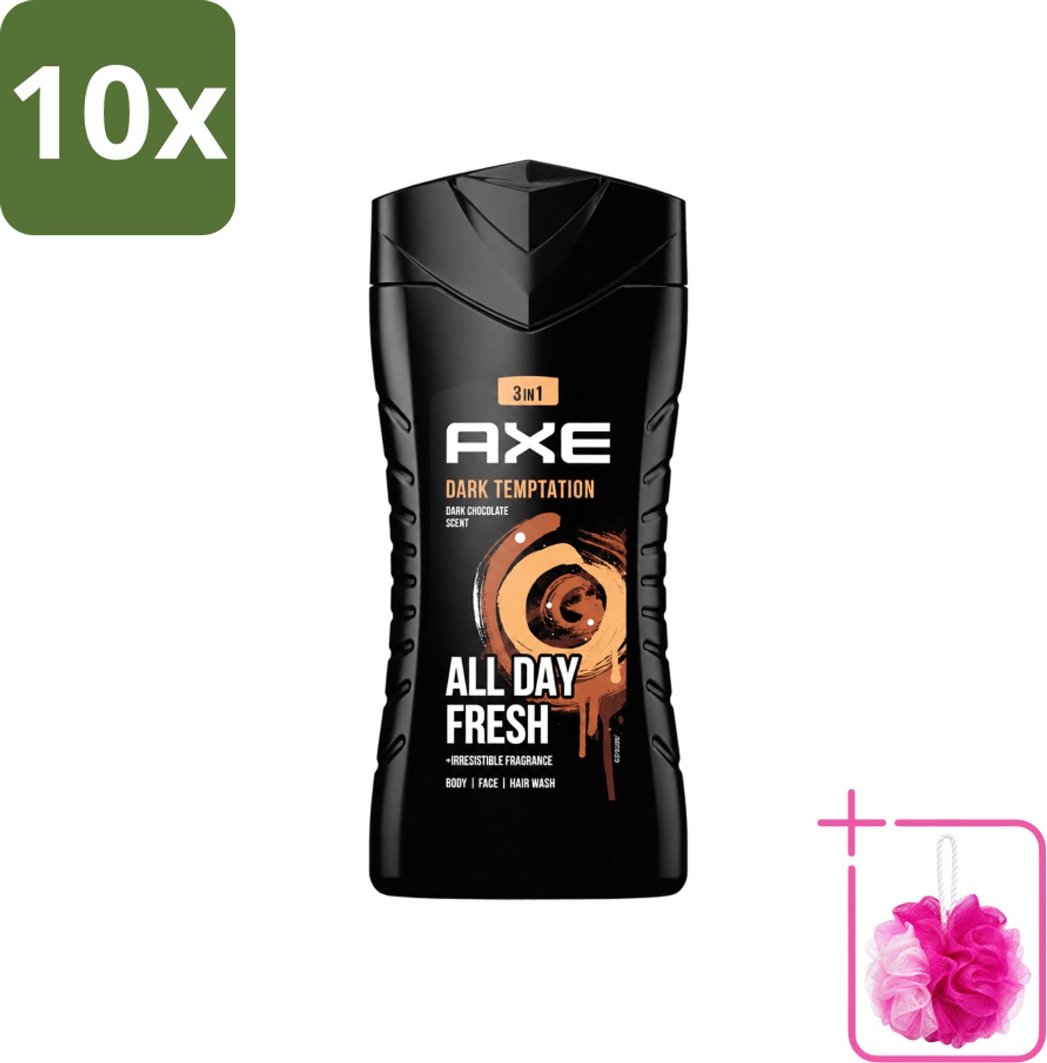 10 x Axe - 3-in-1 Douchegel - Dark Temptation - Dark Chocolate - 250 ml - Bulkverpakking - Douchegel - Douchemop - Chocolade
