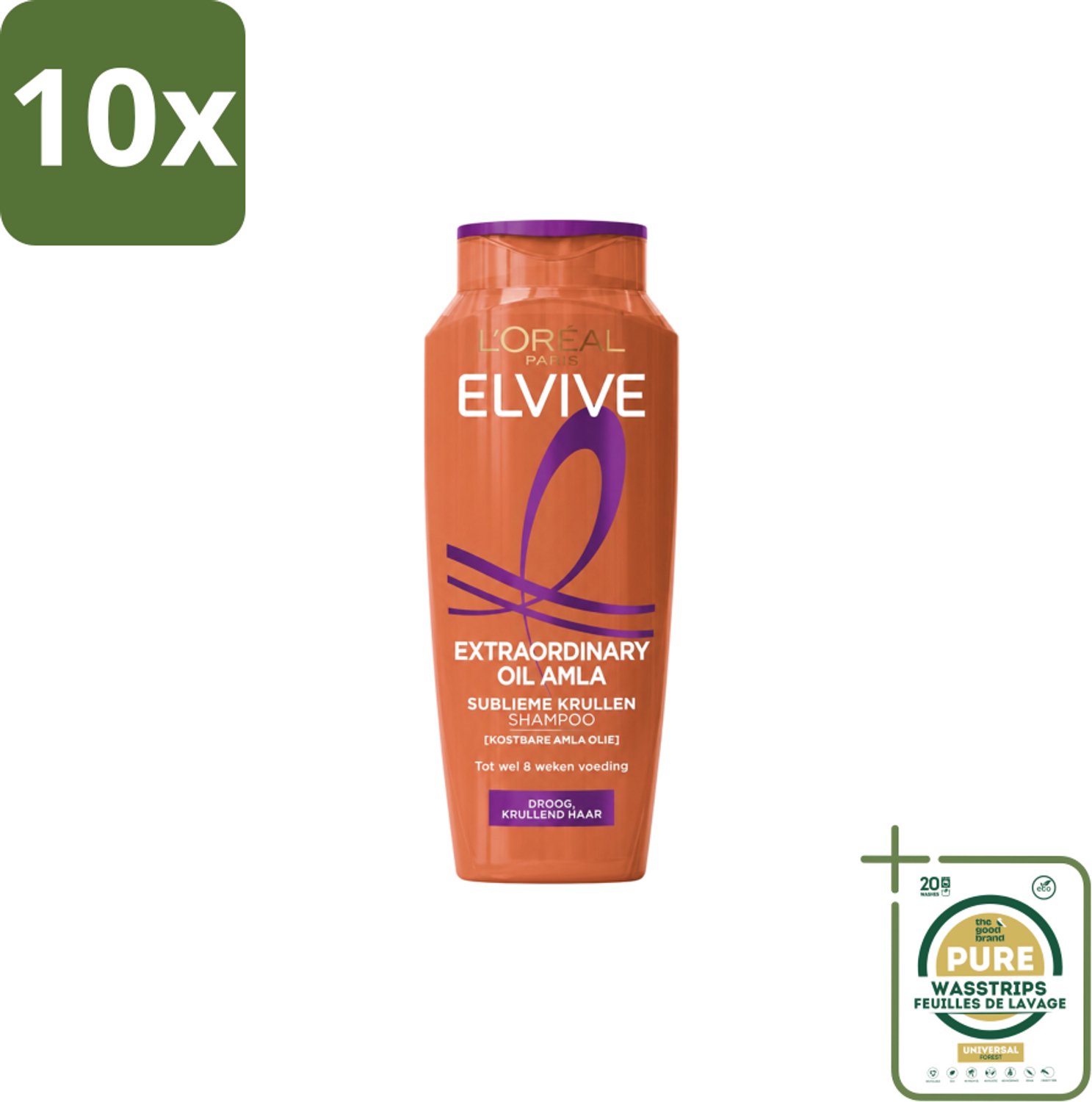 10 x L’Oréal Paris Elvive – Shampoo – Extraordinary Oil Amla – Droog & Krullend Haar – 250 ml - Wasstrips - Conditioner Droog Haar - Conditioner Krullen - Amla-olie Conditioner - Kruldefinitie - Voeding Haar