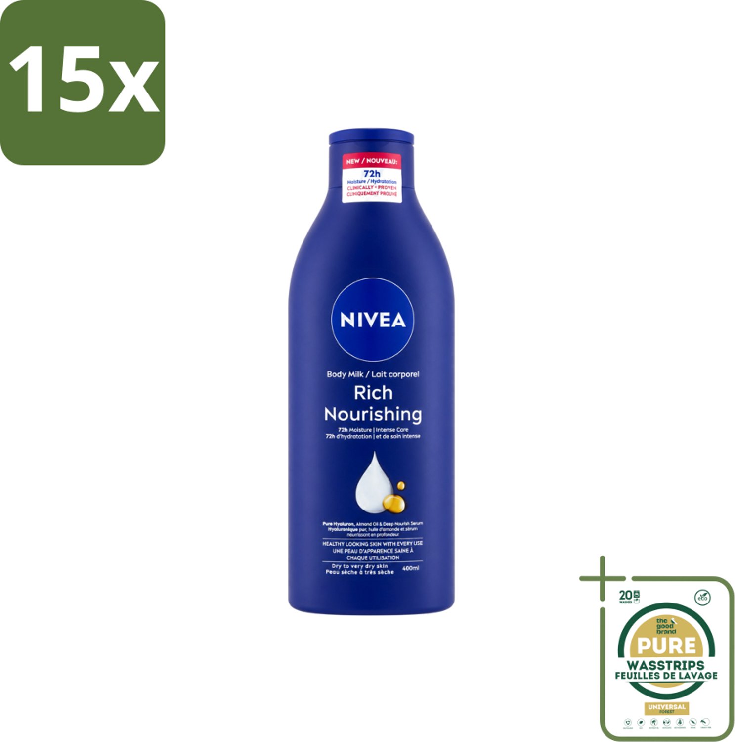 15 x Nivea – Bodylotion – Voor Droge Huid – 400 ml - Wasstrips - Bodylotion Voor Droge Huid - Droge Huid Verzorging - Hydratatie Huid - Bodylotion 24 Uur - Natuurlijke Beschermlaag Huid