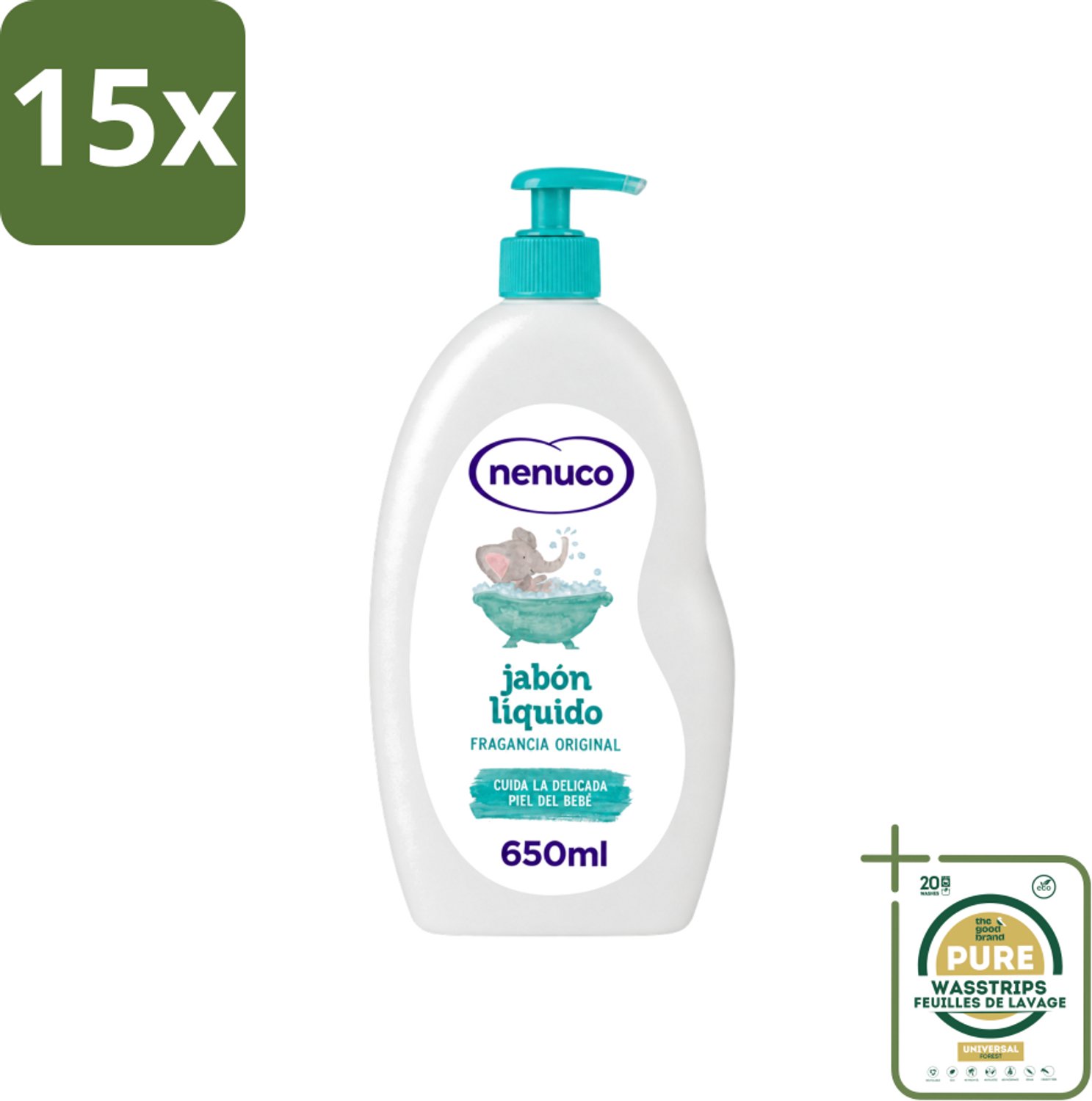 15 x Nenuco - Jabon Líquido - Vloeibare Zeep - Originele Geur - Met Doseerpomp - 650 ml - Wasstrips - Vloeibare Zeep - Handzeep - Douchegel - Badzeep - Baby Zeep
