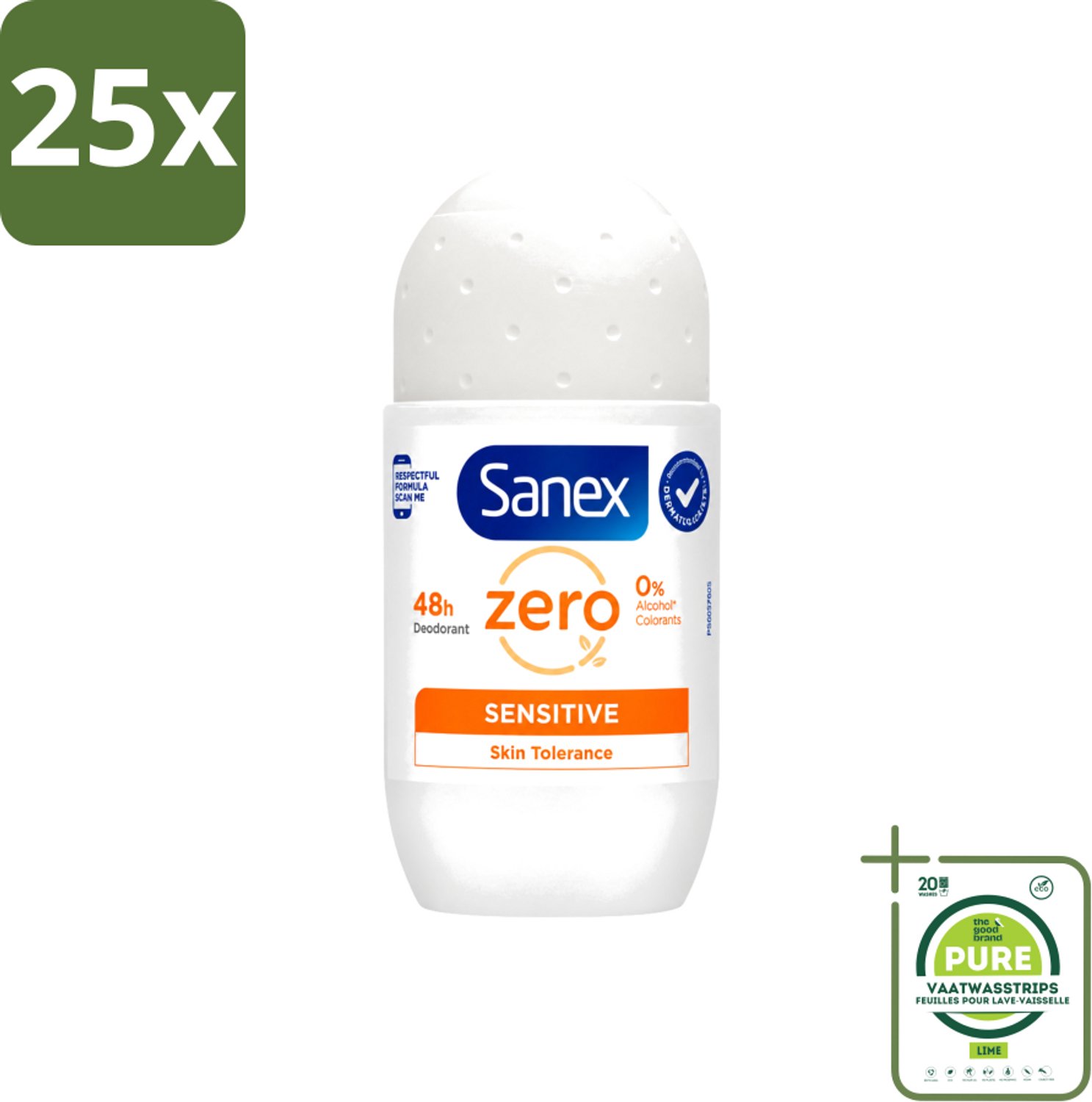25 x Sanex - Deodorant - Roller - Zero% - Sensitive - Zonder Alcohol & Parabenen - 50 ml - Grootverpakking - Vaatwasstrips - Deodorant Zonder Alcohol - Deodorant Zonder Parabenen - Gevoelige Huid - Milde Deodorant - Langdurige Bescherming