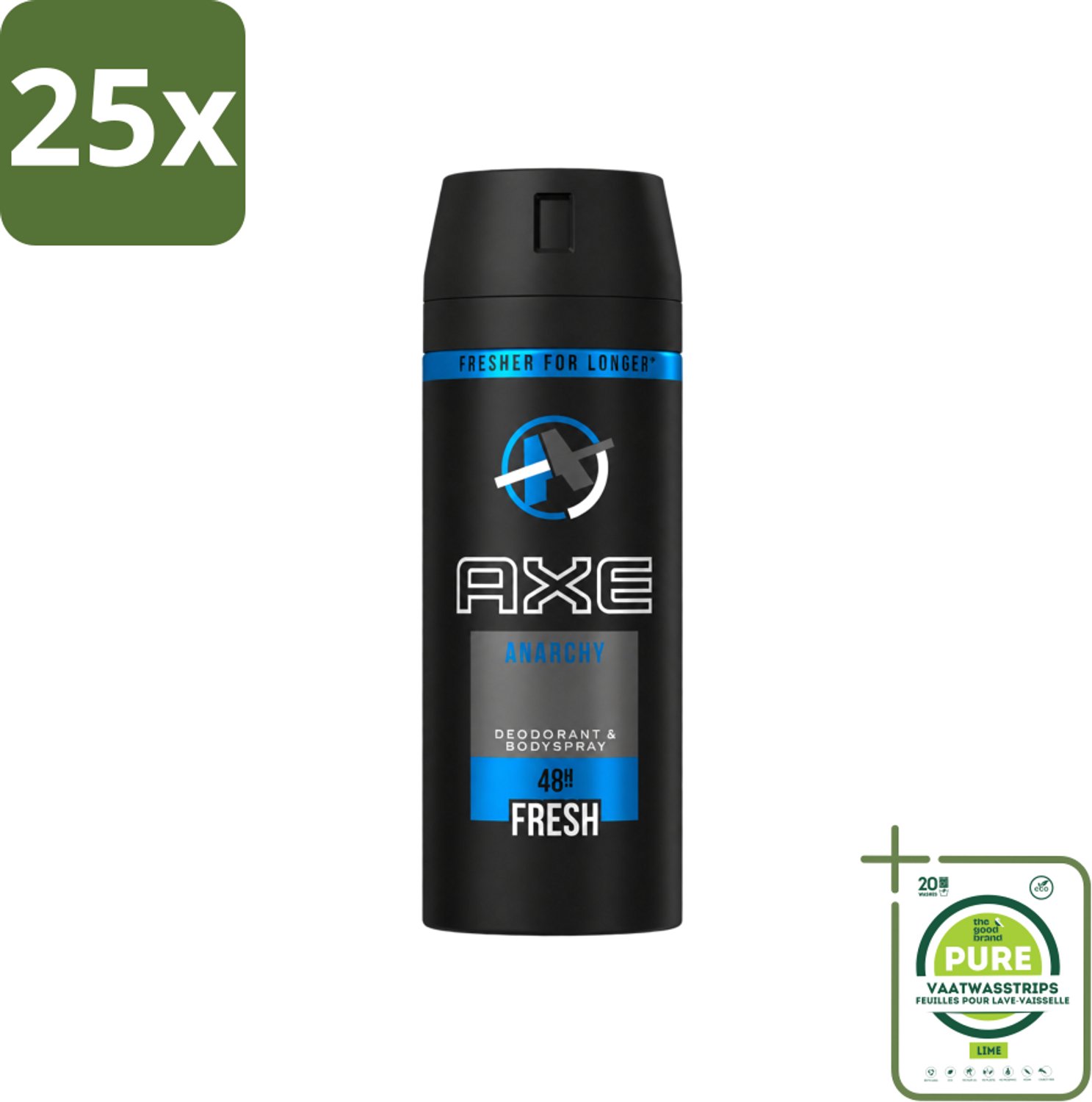 25 x Axe - Deodorant Bodyspray - 48hrs Fresh - Anarchy for Him - 150 ml - Grootverpakking - Vaatwasstrips - Deodorant - Bodyspray - Axe - Geur - Man