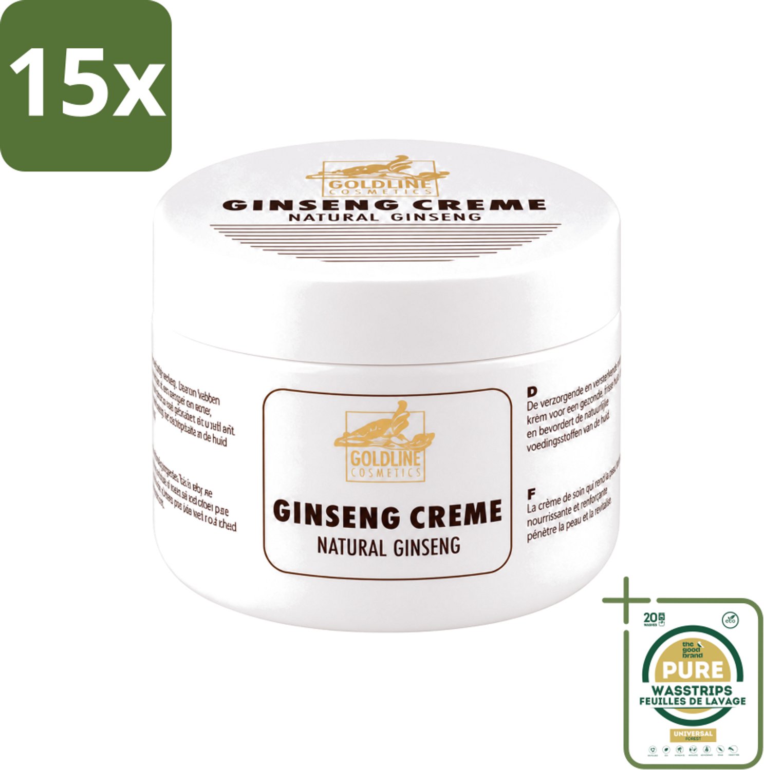15 x Goldline - Bodycrème - Natural Ginseng - Verzorgend & Versterkend - 250 ml - Wasstrips - Ginseng Bodycrème - Huidverzorging - Natuurlijke Huidcrème - Huidversterking - Hydratatie