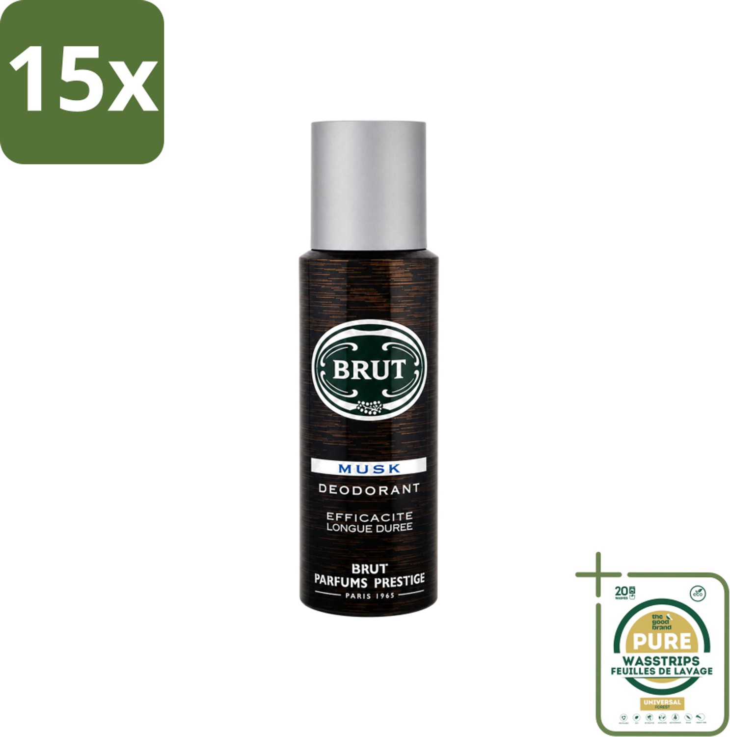 15 x Brut - Deodorant - Spray - Musk - Klassieke mannengeur - 200ml - Wasstrips - Brut Musk - Deodorant Spray - Mannelijke Geur - Muskus - Houtachtige Geur