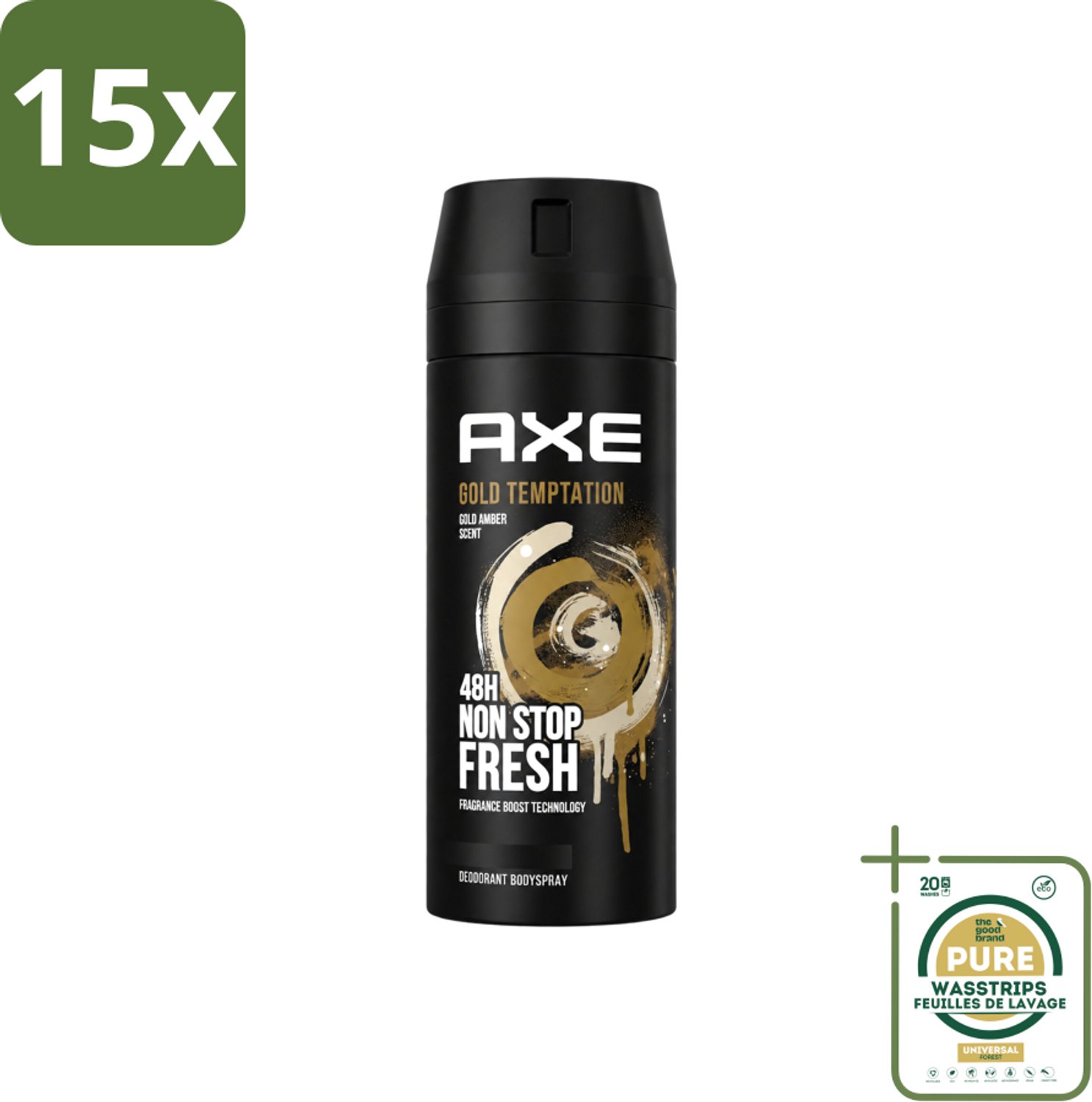 15 x Axe - Deodorant Bodyspray - 48hrs Non Stop Fresh - Gold Temptation - Gold Amber - 150 ml - Wasstrips - Deodorant Bodyspray - Frisheid - Geur - Citrus - Kruiden