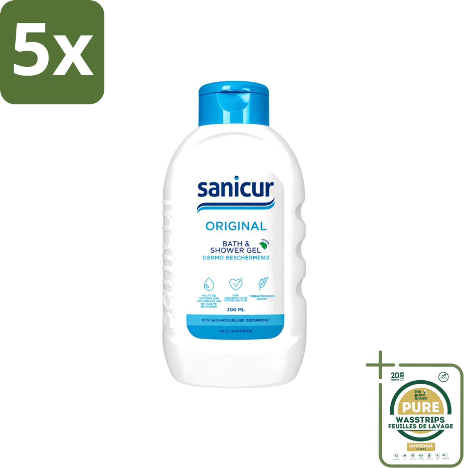 5 x Sanicur – Bad & Douchegel – Original – 300 ml - Wasstrips - Bad En Douchegel - Milde Reiniging - Hydraterende Badgels - Huidverzorging - Gevoelige Huid