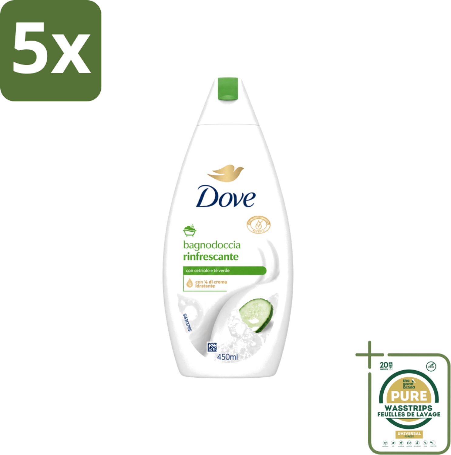 5 x Dove – Douchegel – Refreshing – 450 ml - Wasstrips - Douchegel - Frisheid - Reiniging - Huid Verzorging - Mild Reinigen