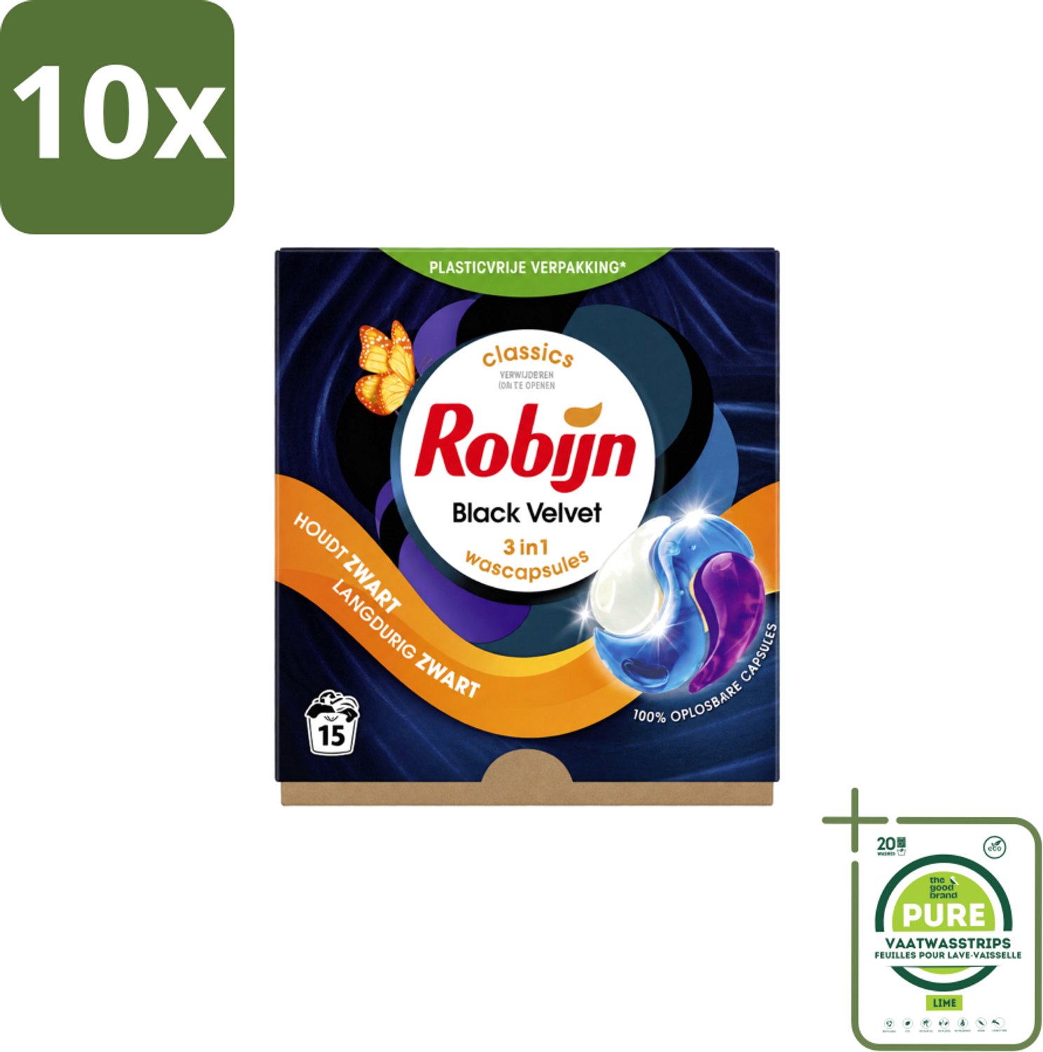 10 x Robijn – 3-in-1 Wascapsules – Black Velvet – 15 capsules - Grootverpakking - Vaatwasstrips - Zwarte Was - Zwart Kleding - Kleurbehoud - Wascapsules - Black Serum