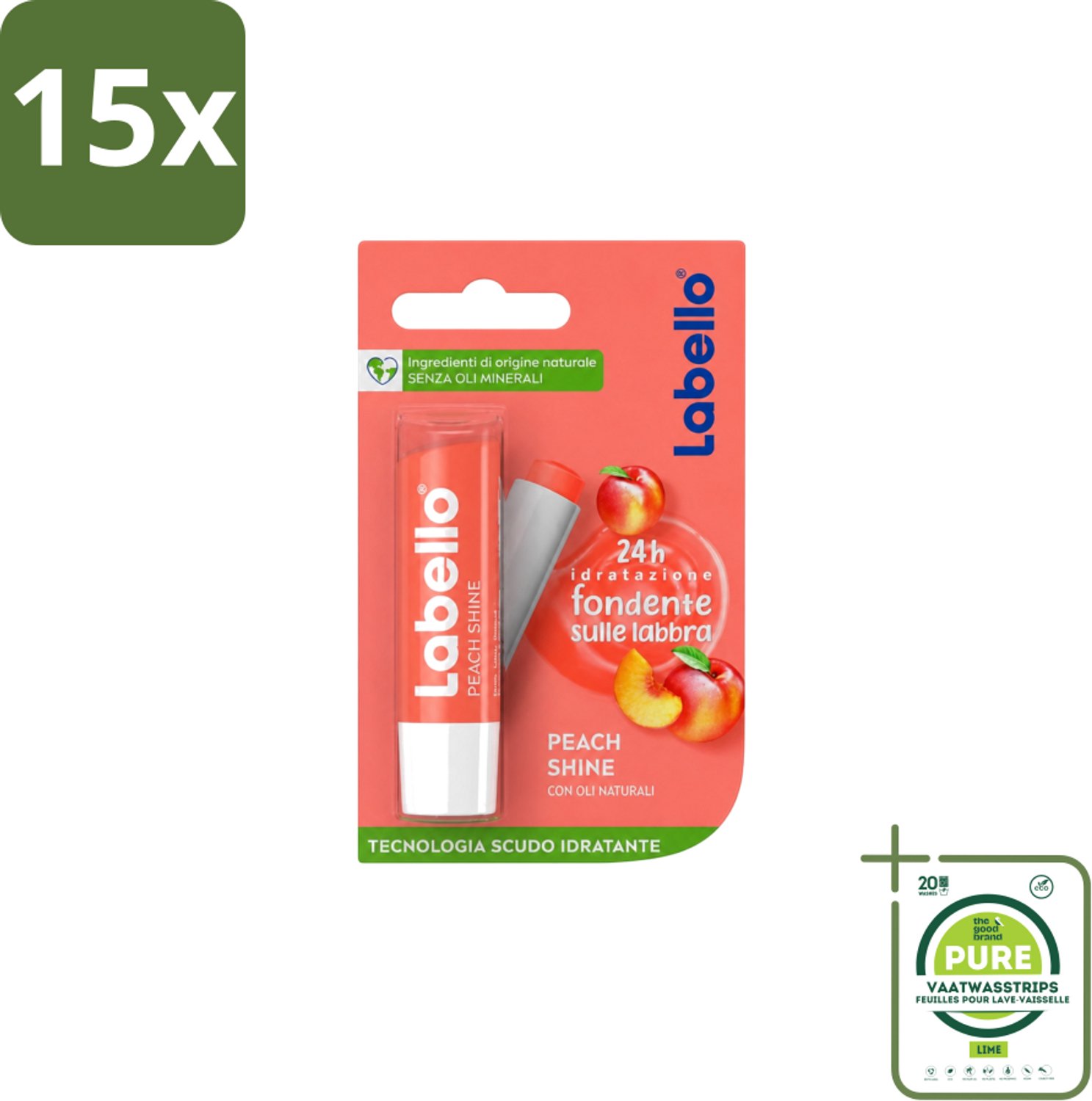 15 x Labello – Lippenbalsem – Fruity Peach Shine – Vegan - Grootverpakking - Vaatwasstrips - Lippenbalsem - Vegan Lippenbalsem - Perzikaroma - Glans Lippen - Natuurlijke Lippenbalsem