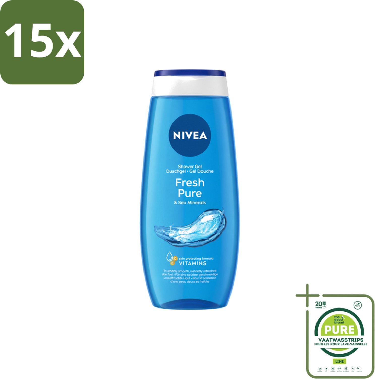 15 x Nivea – Douchegel – Fresh Pure – 250 ml - Grootverpakking - Vaatwasstrips - Douchegel - Huidverzorging - Frisheid - Vitamine C - Vitamine E