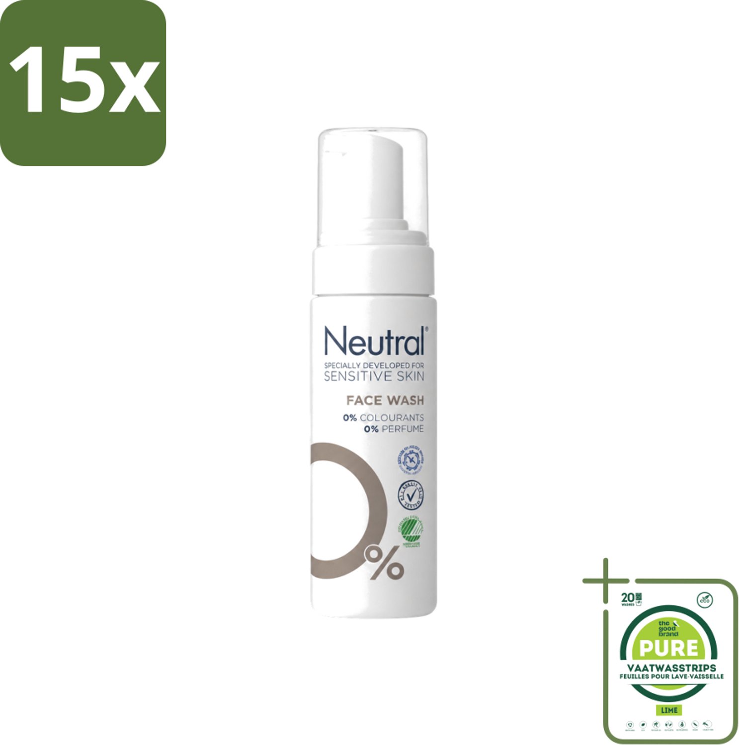 15 x Neutral – Gezichtsreiniging – Face Wash 0% Parfumvrij – 150 ml - Grootverpakking - Vaatwasstrips - Gezichtsreiniger - Huidverzorging - Gevoelige Huid - Milde Reiniging - Crème Verwijderen