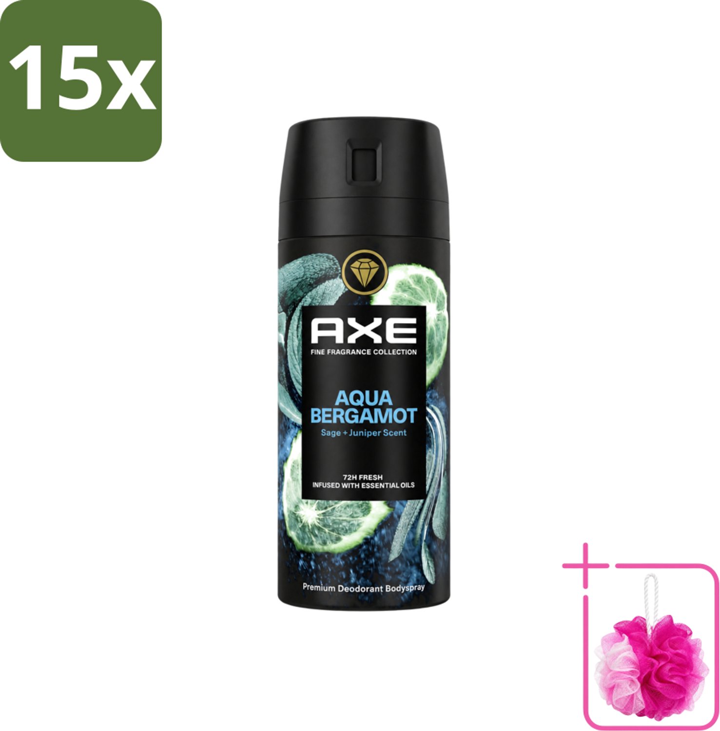 15 x Axe - Deodorant Bodyspray - 72hrs Fresh - Aqua Bergamot - Sage & Juniper - 150 ml - Bulkverpakking - Deodorant - Douchemop - Bodyspray