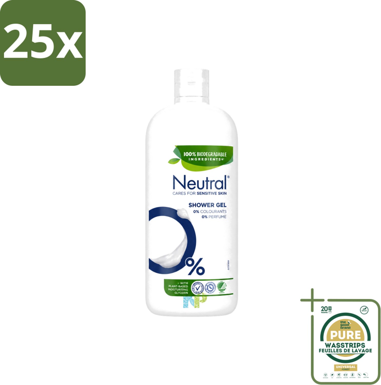 25 x Neutral – Douchegel – Sensitive Skin – 900 ml - Wasstrips - Gevoelige Huid - Droge Huid - Parfumvrije Douchegel - Milde Douchegel - Dermatologisch Getest