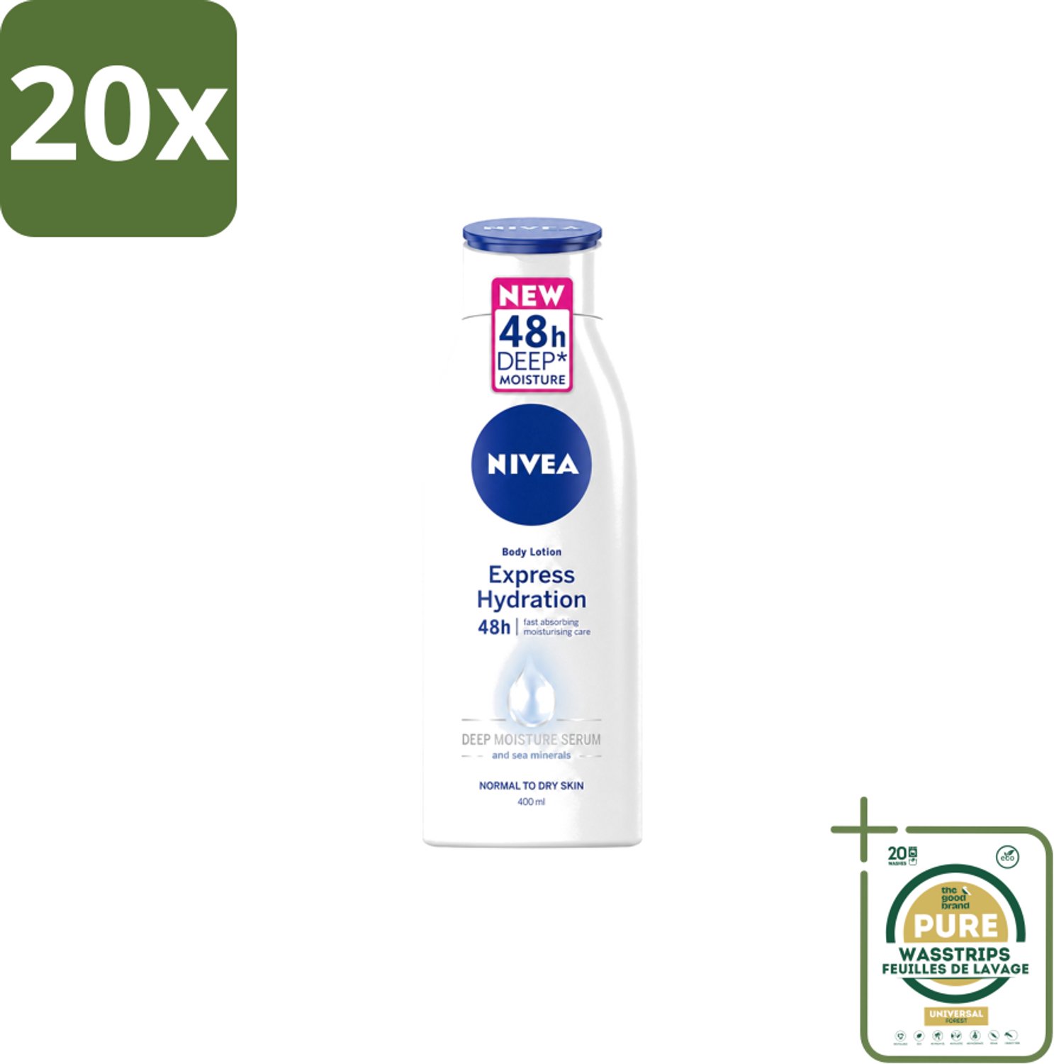 20 x Nivea – Bodylotion – Express Hydration 48H – 400 ml - Wasstrips - Bodylotion - Hydratatie - Huidgevoel - Vocht - Uitdroging