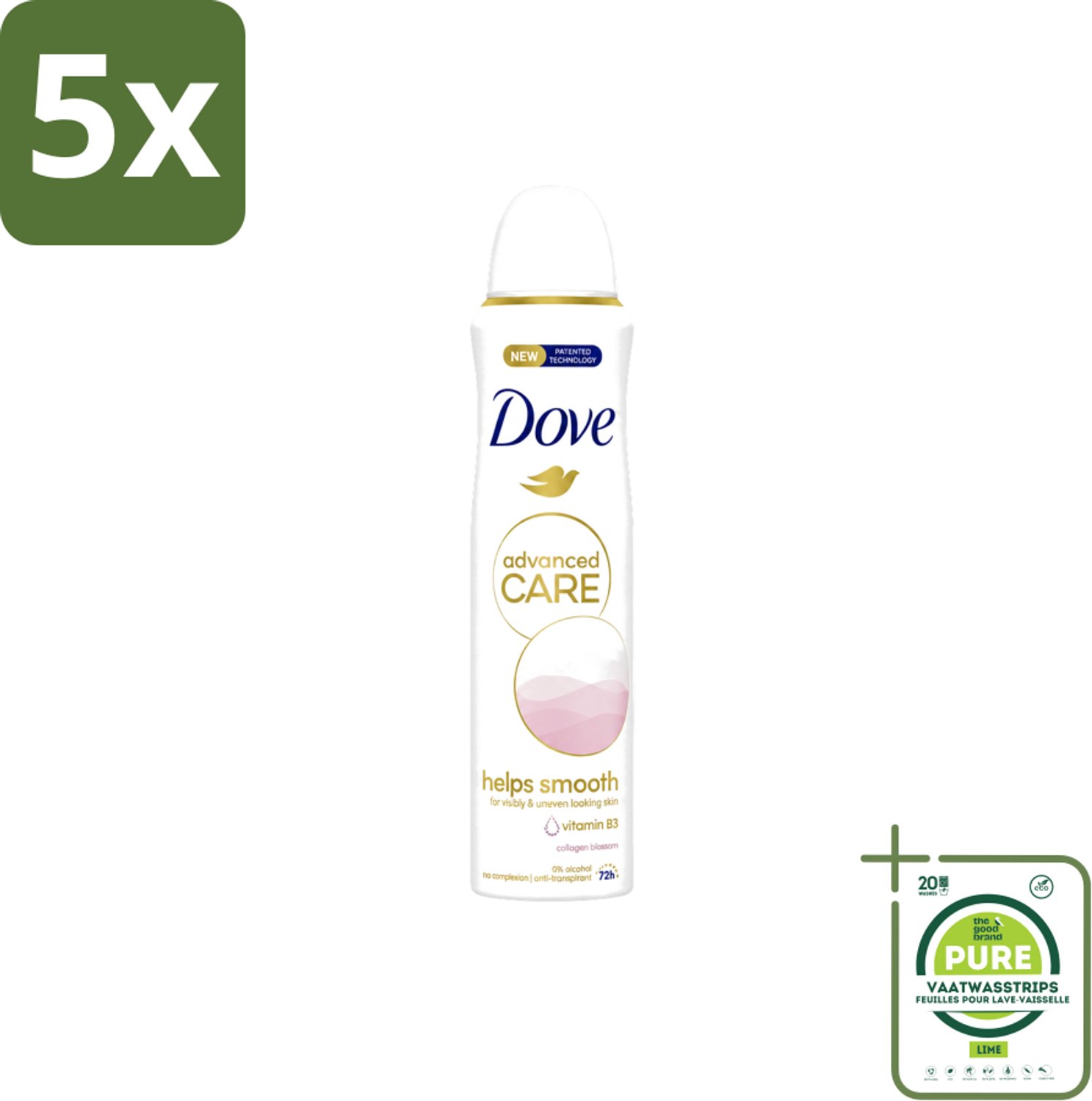 5 x Dove – Deodorant Spray – Helps Smooth Advanced Care – 150 ml - Grootverpakking - Vaatwasstrips - Deodorant Spray - Okselhuid Verzorging - Huidverzorging - Alcoholvrije Deodorant - Comfortabele Huid