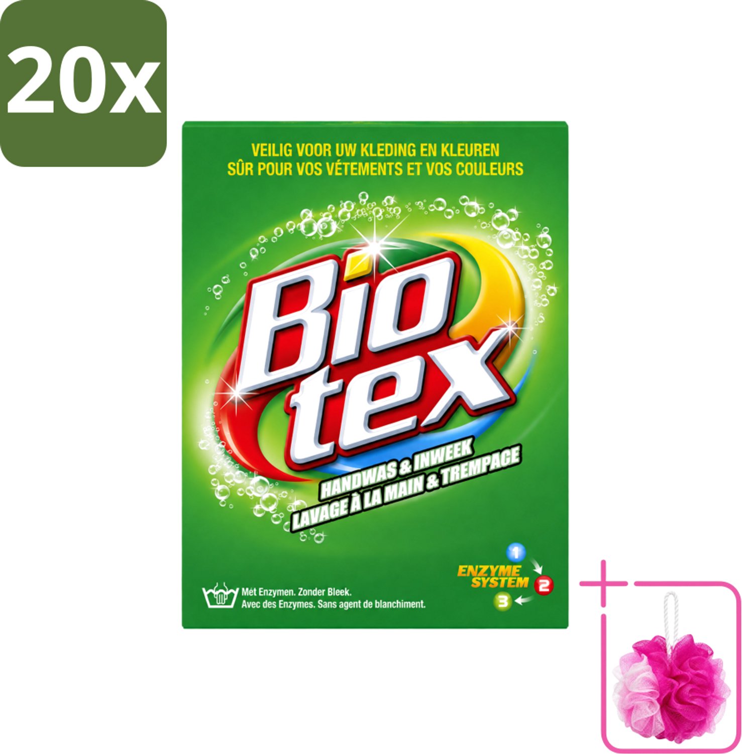 20 x Biotex - Waspoeder - Handwas & Inweek - Actieve Biologische Enzymen - 720 g - Bulkverpakking - Handwas - Douchemop - Inweek waspoeder