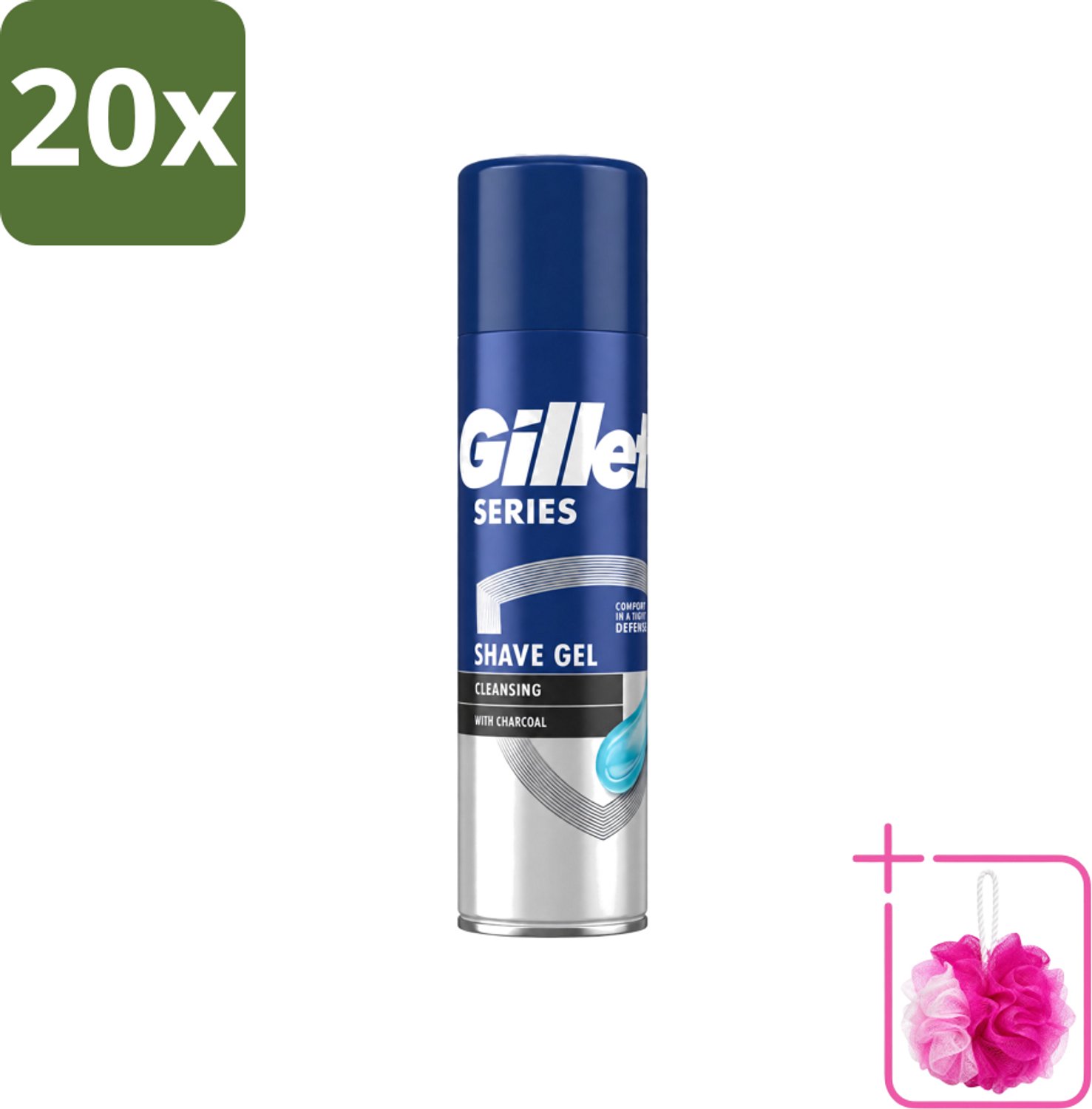 20 x Gillette Series - Scheergel - Cleansing - Charcoal - Verfrissend en reinigend - 200 ml - Bulkverpakking - Scheergel - Douchemop - Houtskool