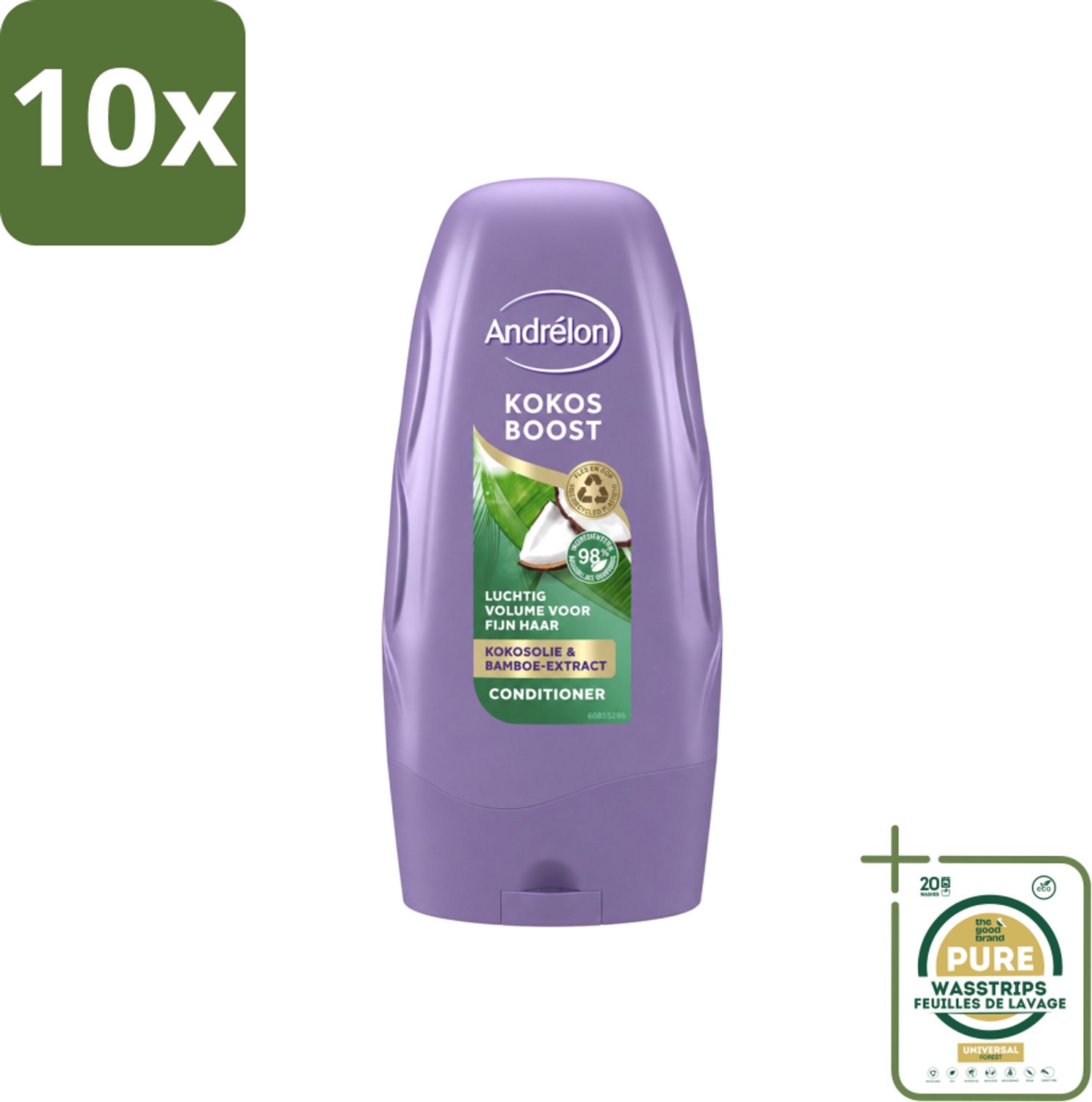 10 x Andrélon - Kokos Boost - Conditioner - Intensieve Voeding - 250 ml - Wasstrips - Fijn Haar - Volume - Voeding - Kokosolie - Bamboe-extract
